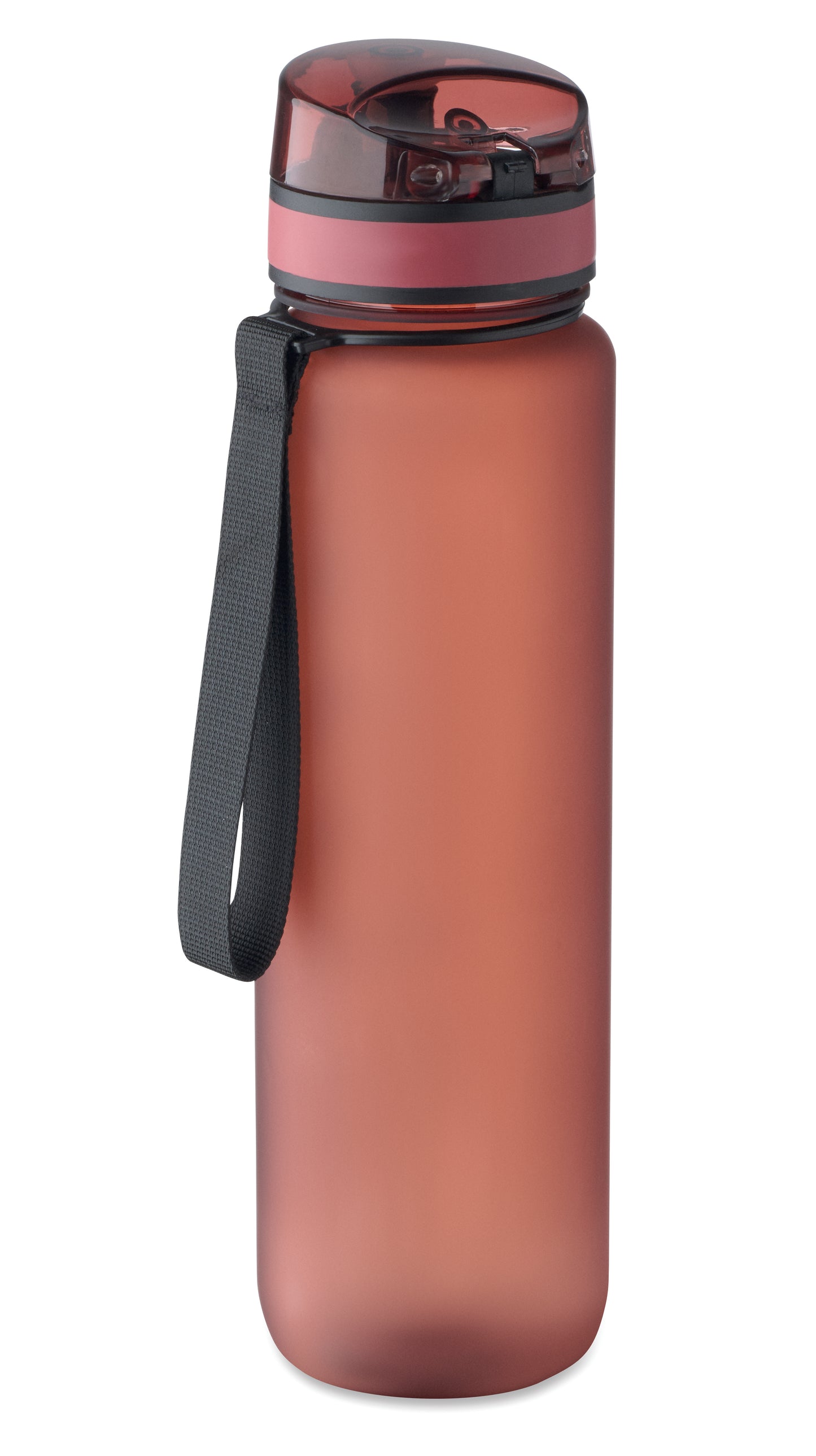 Sport-Trinkflasche aus RPET. Motivierende Zeitmarkierung einhändig zu öffnender Flip-Top-Deckel Sicherheitsverschluss und Trageriemen.