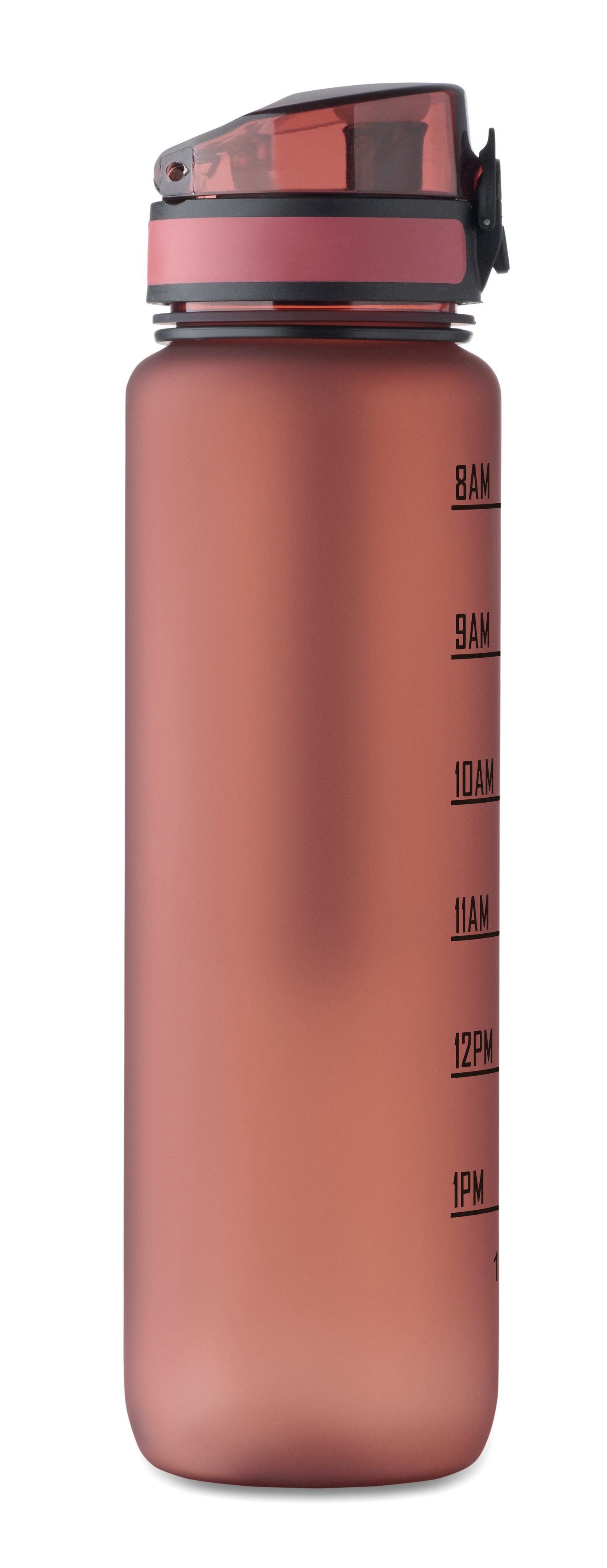 Sport-Trinkflasche aus RPET. Motivierende Zeitmarkierung einhändig zu öffnender Flip-Top-Deckel Sicherheitsverschluss und Trageriemen.
