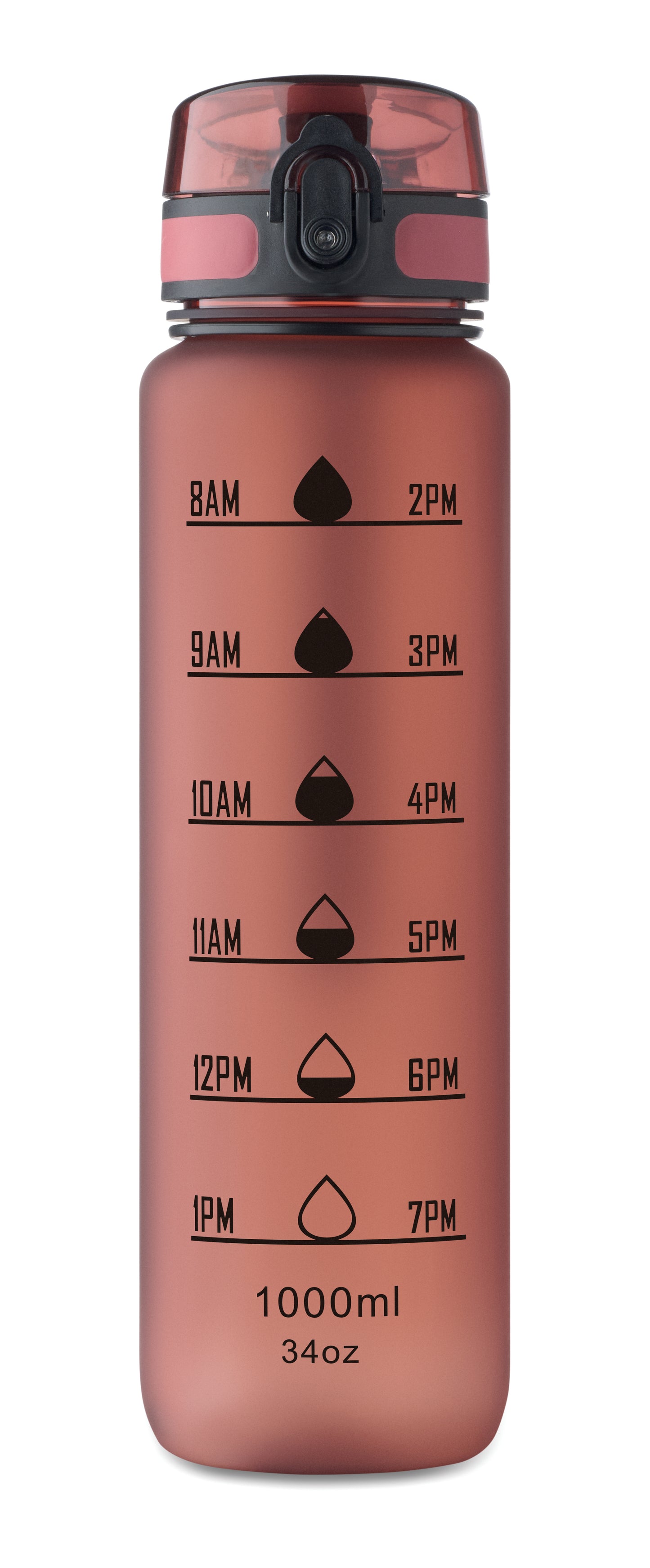 Sport-Trinkflasche aus RPET. Motivierende Zeitmarkierung einhändig zu öffnender Flip-Top-Deckel Sicherheitsverschluss und Trageriemen.