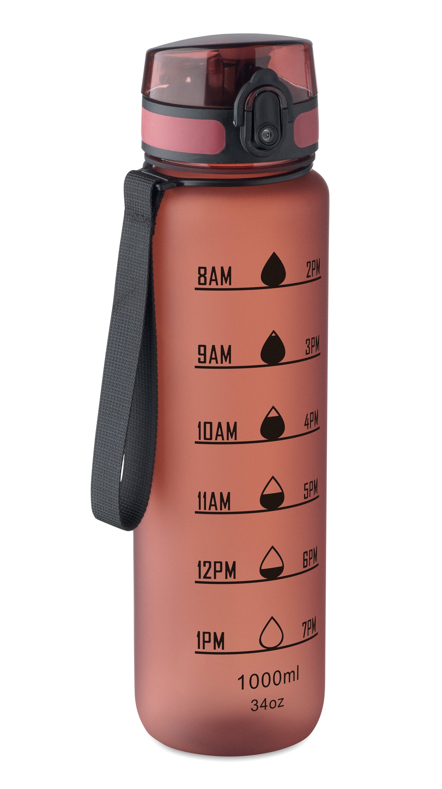 Sport-Trinkflasche aus RPET. Motivierende Zeitmarkierung einhändig zu öffnender Flip-Top-Deckel Sicherheitsverschluss und Trageriemen.