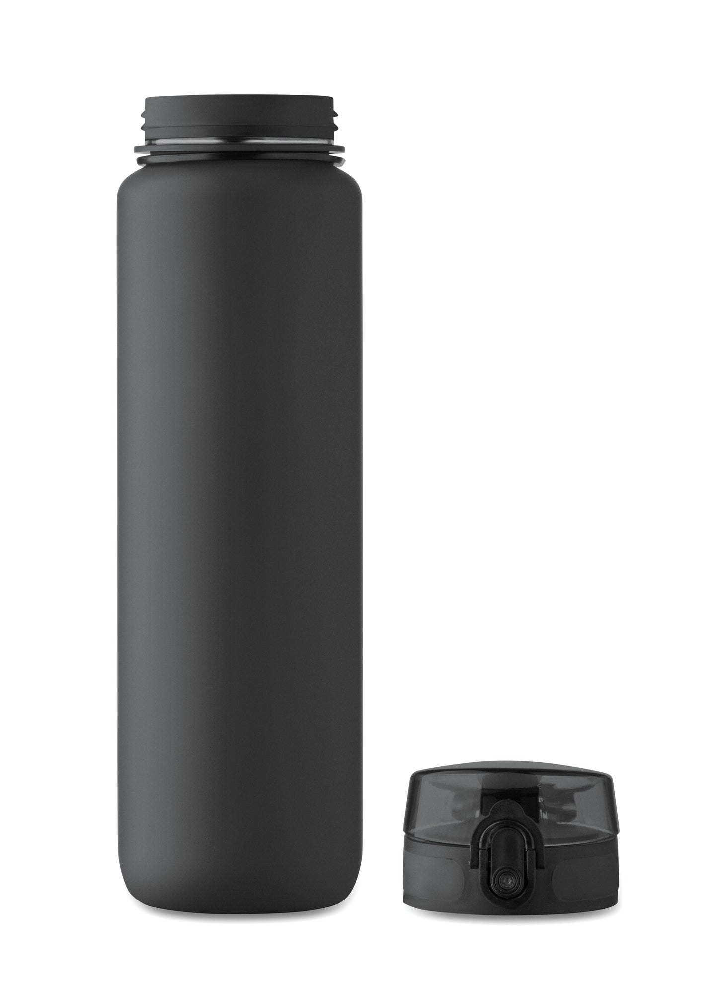 Sport-Trinkflasche aus RPET. Motivierende Zeitmarkierung einhändig zu öffnender Flip-Top-Deckel Sicherheitsverschluss und Trageriemen.