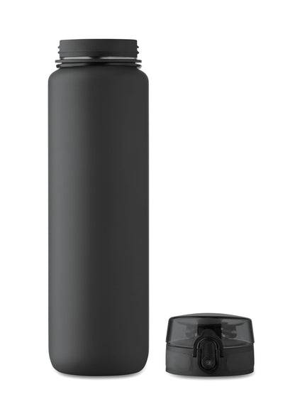 Sport-Trinkflasche aus RPET. Motivierende Zeitmarkierung einhändig zu öffnender Flip-Top-Deckel Sicherheitsverschluss und Trageriemen.