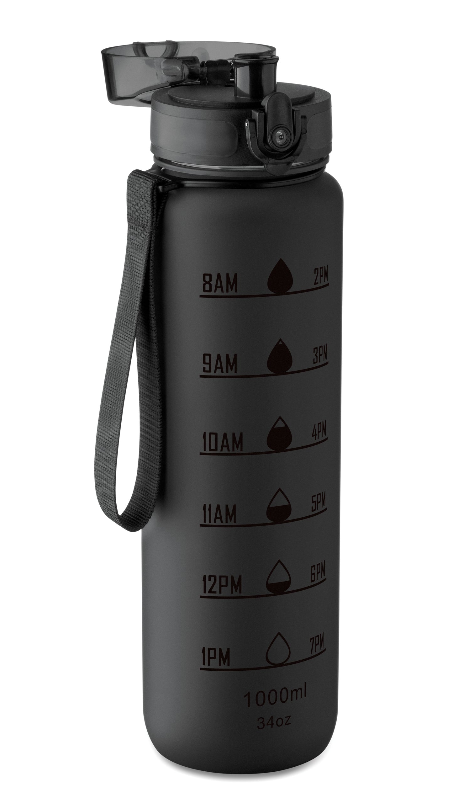 Sport-Trinkflasche aus RPET. Motivierende Zeitmarkierung einhändig zu öffnender Flip-Top-Deckel Sicherheitsverschluss und Trageriemen.