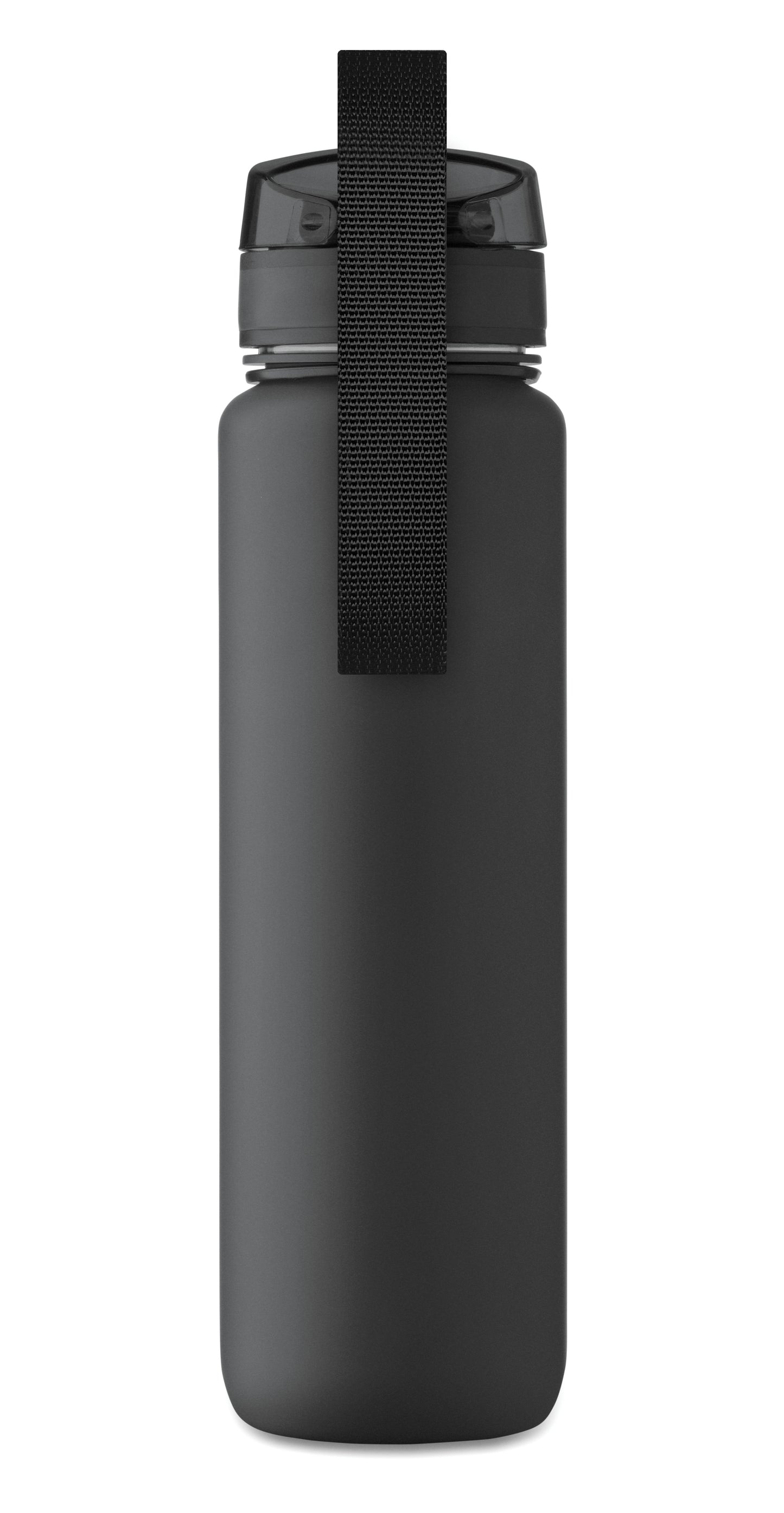 Sport-Trinkflasche aus RPET. Motivierende Zeitmarkierung einhändig zu öffnender Flip-Top-Deckel Sicherheitsverschluss und Trageriemen.