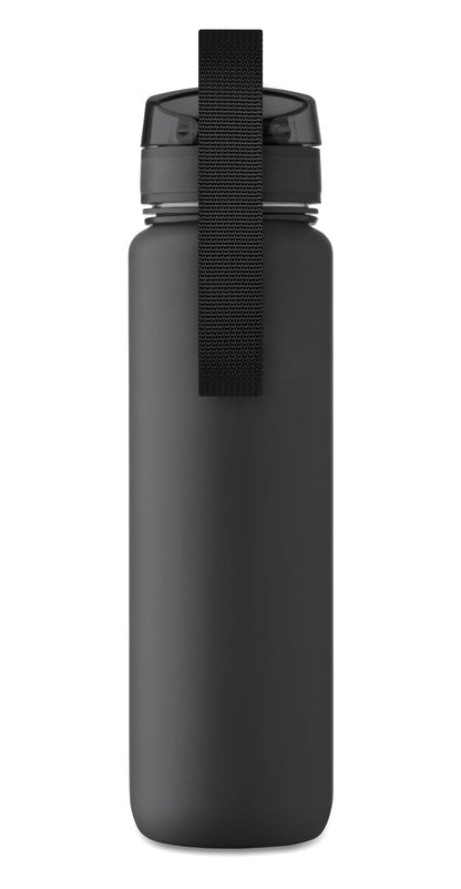Sport-Trinkflasche aus RPET. Motivierende Zeitmarkierung einhändig zu öffnender Flip-Top-Deckel Sicherheitsverschluss und Trageriemen.