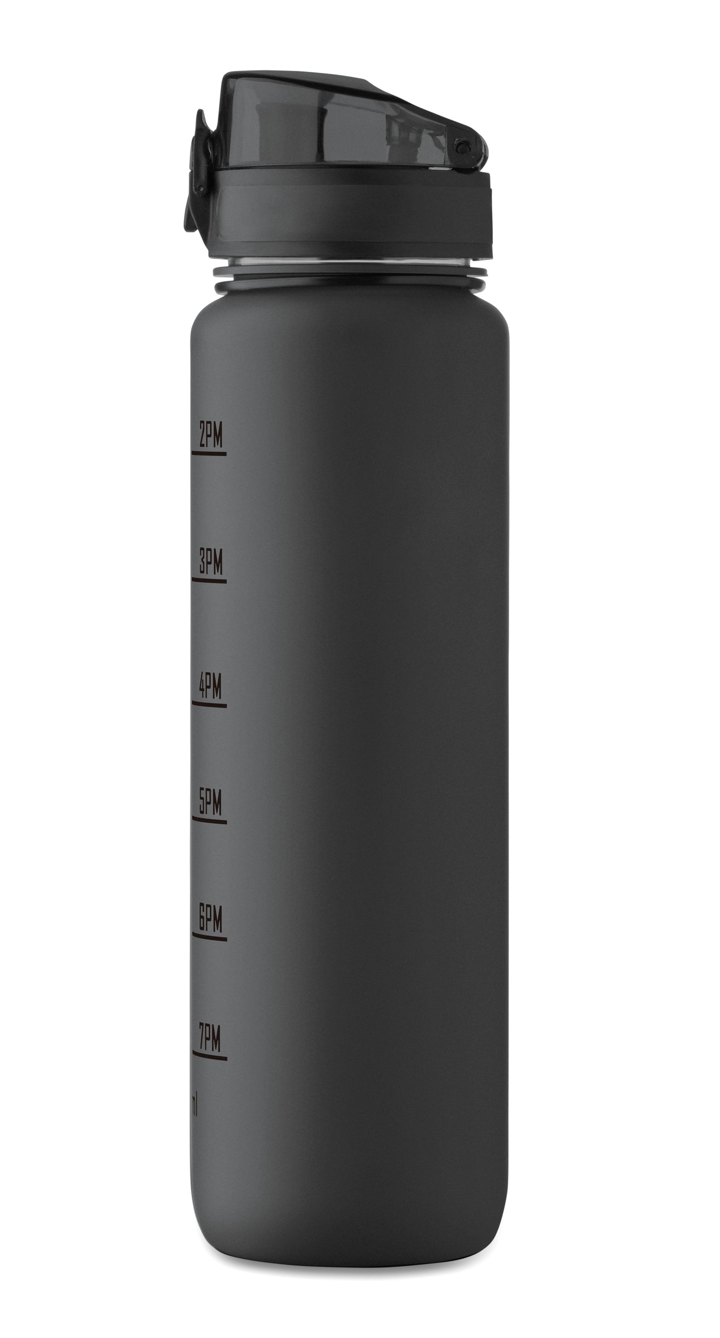 Sport-Trinkflasche aus RPET. Motivierende Zeitmarkierung einhändig zu öffnender Flip-Top-Deckel Sicherheitsverschluss und Trageriemen.