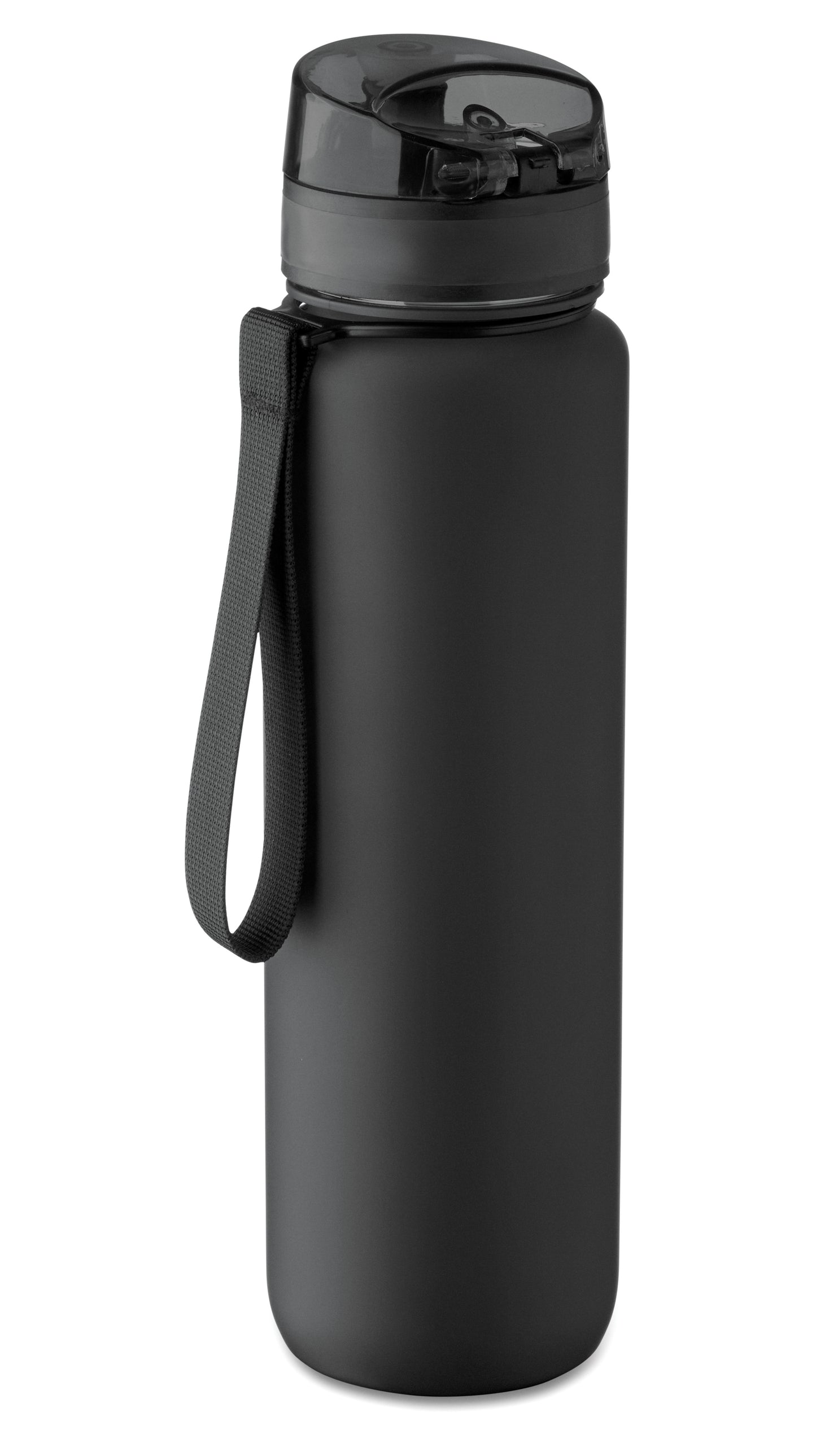 Sport-Trinkflasche aus RPET. Motivierende Zeitmarkierung einhändig zu öffnender Flip-Top-Deckel Sicherheitsverschluss und Trageriemen.