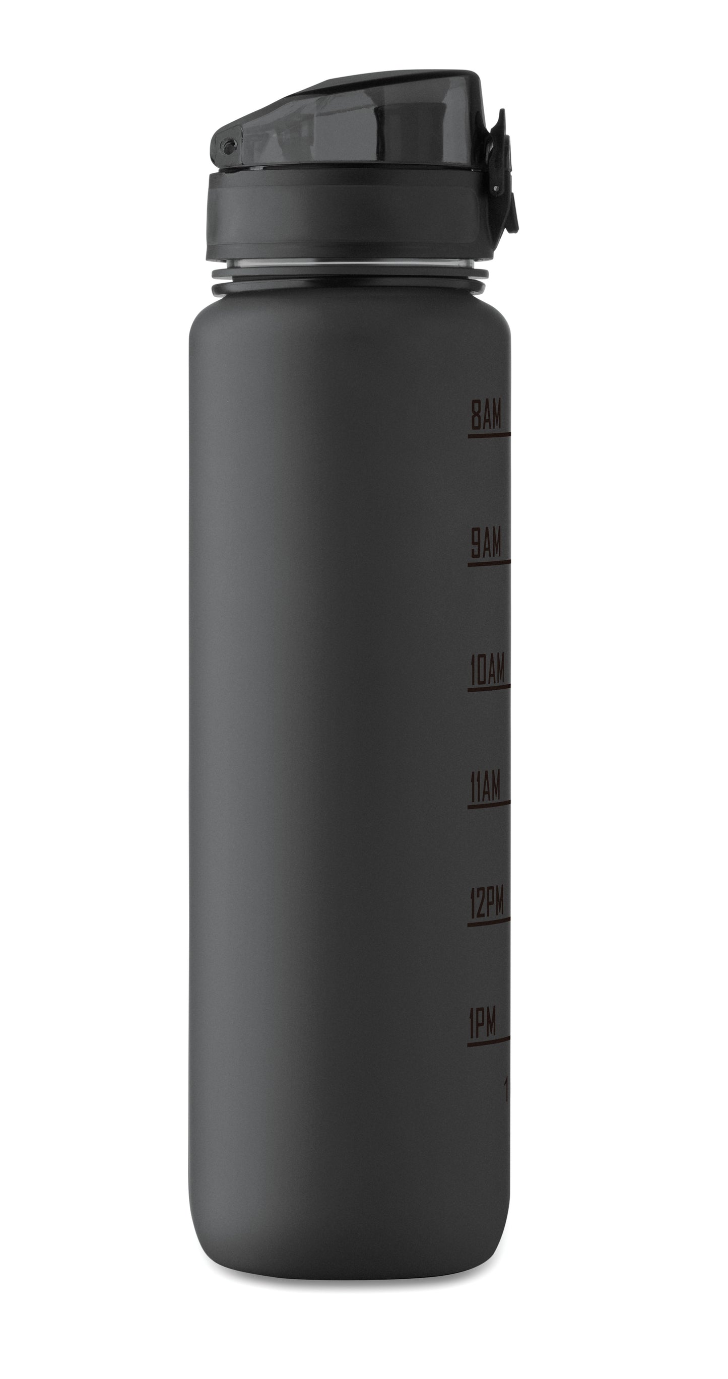 Sport-Trinkflasche aus RPET. Motivierende Zeitmarkierung einhändig zu öffnender Flip-Top-Deckel Sicherheitsverschluss und Trageriemen.