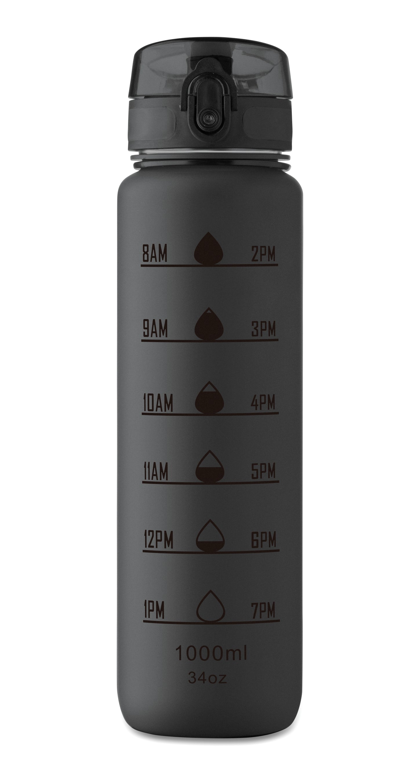 Sport-Trinkflasche aus RPET. Motivierende Zeitmarkierung einhändig zu öffnender Flip-Top-Deckel Sicherheitsverschluss und Trageriemen.