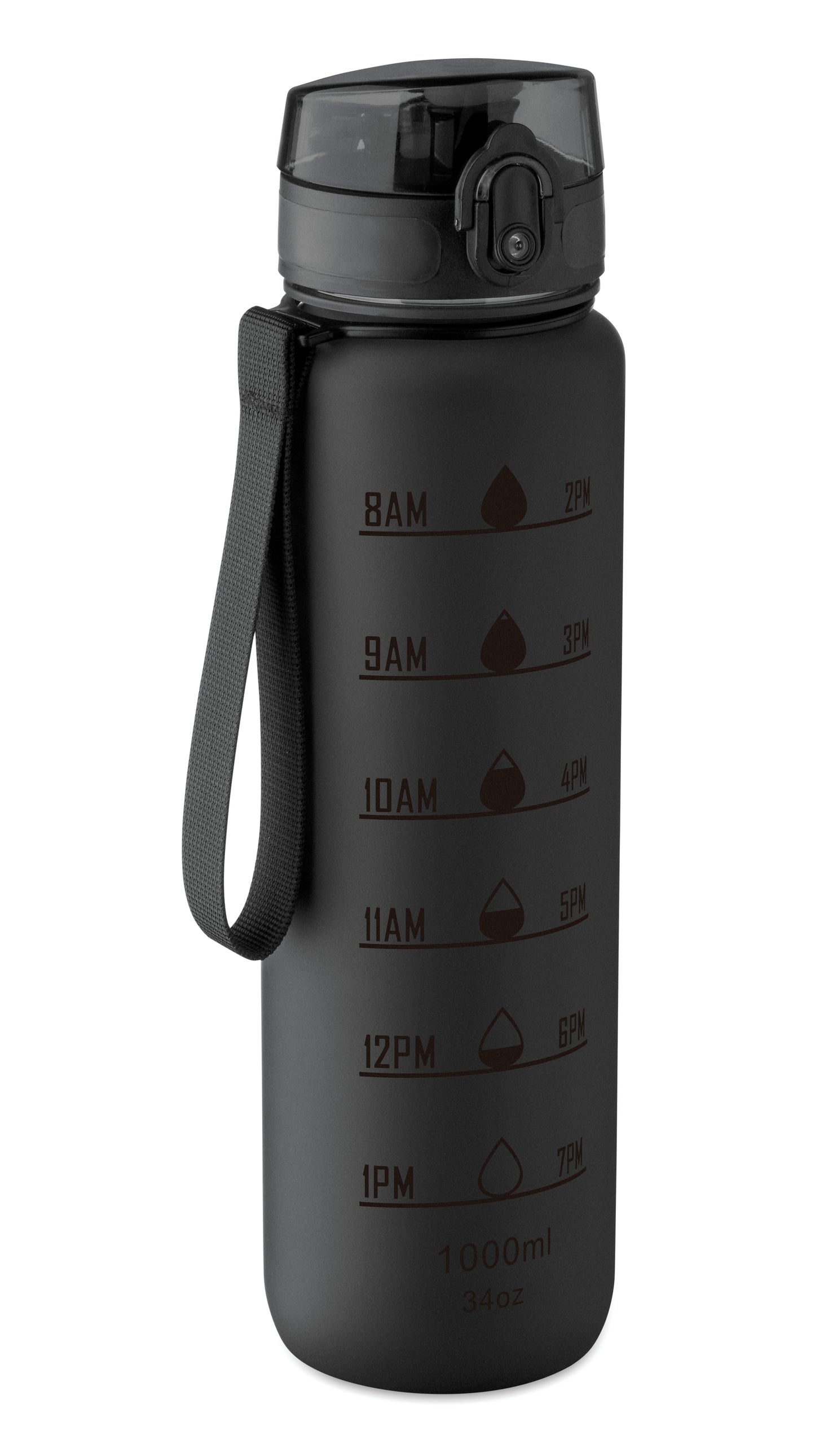 Sport-Trinkflasche aus RPET. Motivierende Zeitmarkierung einhändig zu öffnender Flip-Top-Deckel Sicherheitsverschluss und Trageriemen.