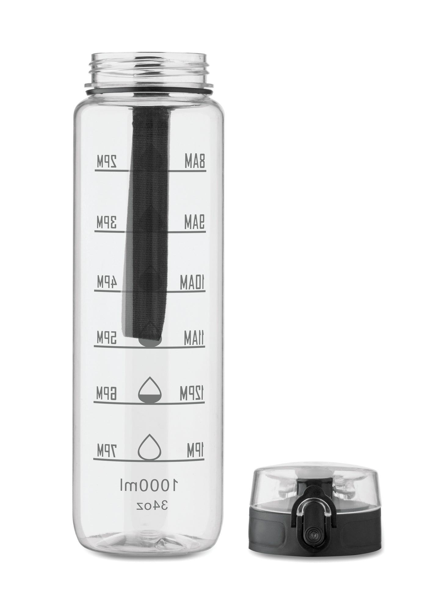 Sport-Trinkflasche aus RPET. Motivierende Zeitmarkierung einhändig zu öffnender Flip-Top-Deckel Sicherheitsverschluss und Trageriemen.