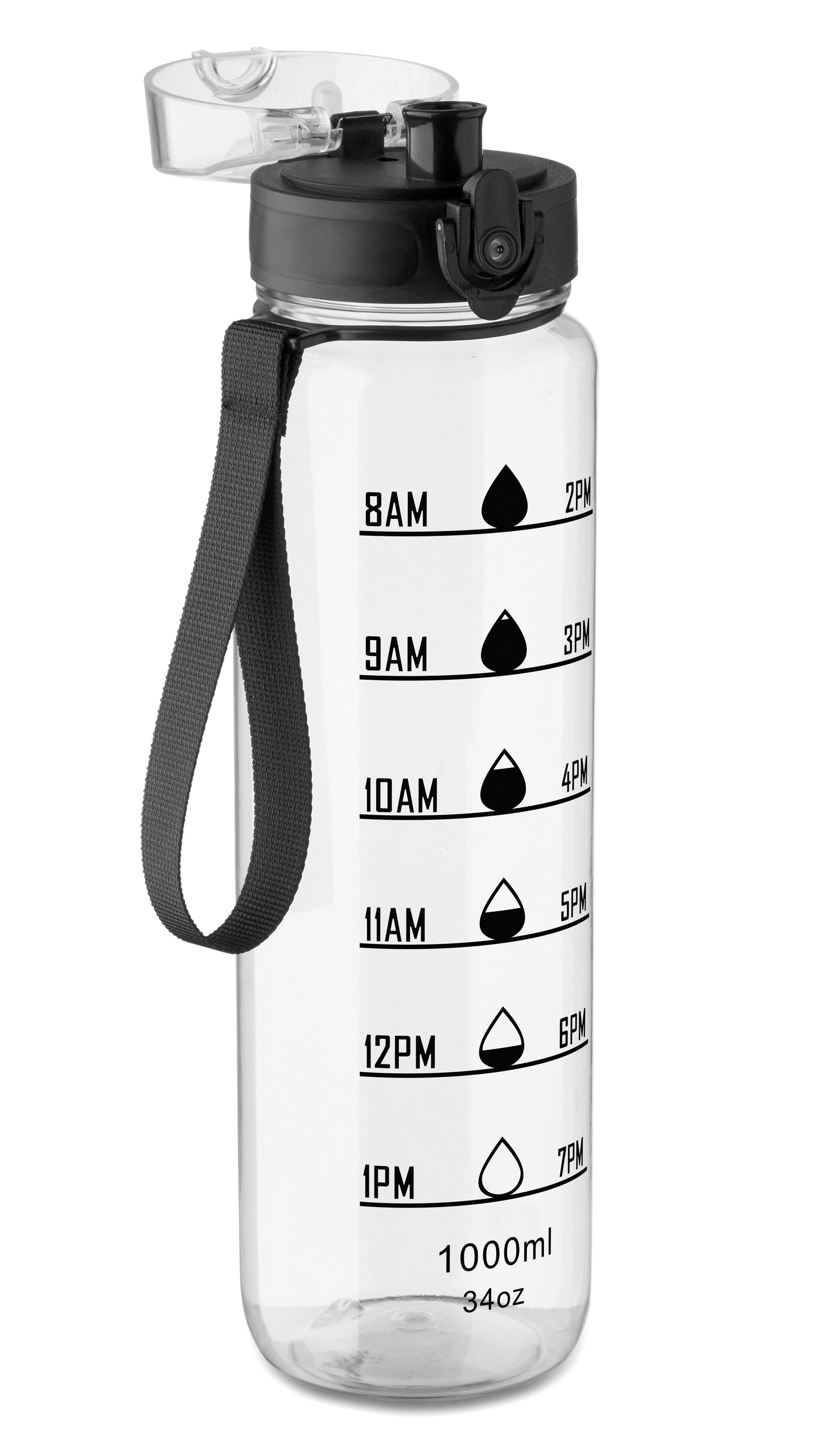 Sport-Trinkflasche aus RPET. Motivierende Zeitmarkierung einhändig zu öffnender Flip-Top-Deckel Sicherheitsverschluss und Trageriemen.