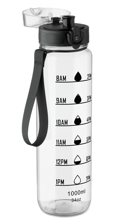 Sport-Trinkflasche aus RPET. Motivierende Zeitmarkierung einhändig zu öffnender Flip-Top-Deckel Sicherheitsverschluss und Trageriemen.