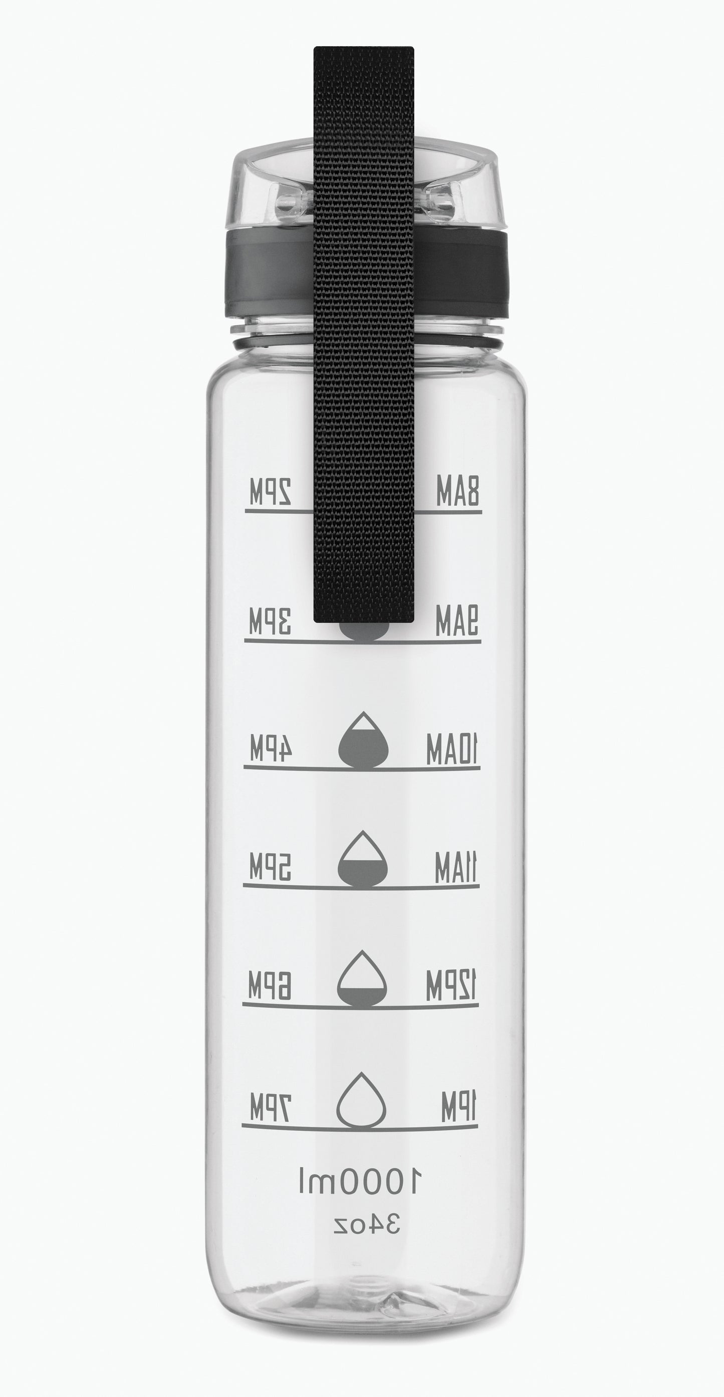 Sport-Trinkflasche aus RPET. Motivierende Zeitmarkierung einhändig zu öffnender Flip-Top-Deckel Sicherheitsverschluss und Trageriemen.