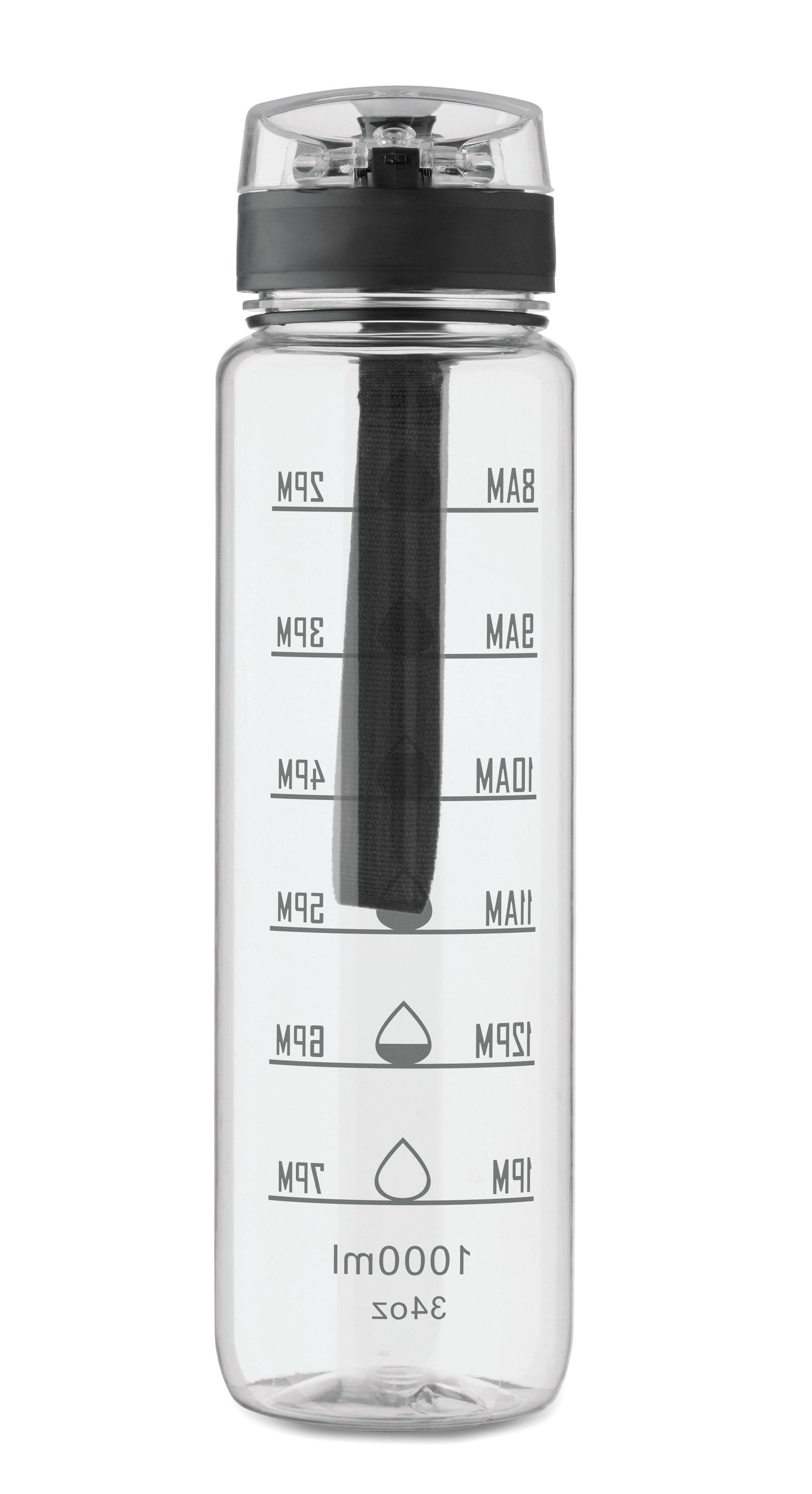 Sport-Trinkflasche aus RPET. Motivierende Zeitmarkierung einhändig zu öffnender Flip-Top-Deckel Sicherheitsverschluss und Trageriemen.