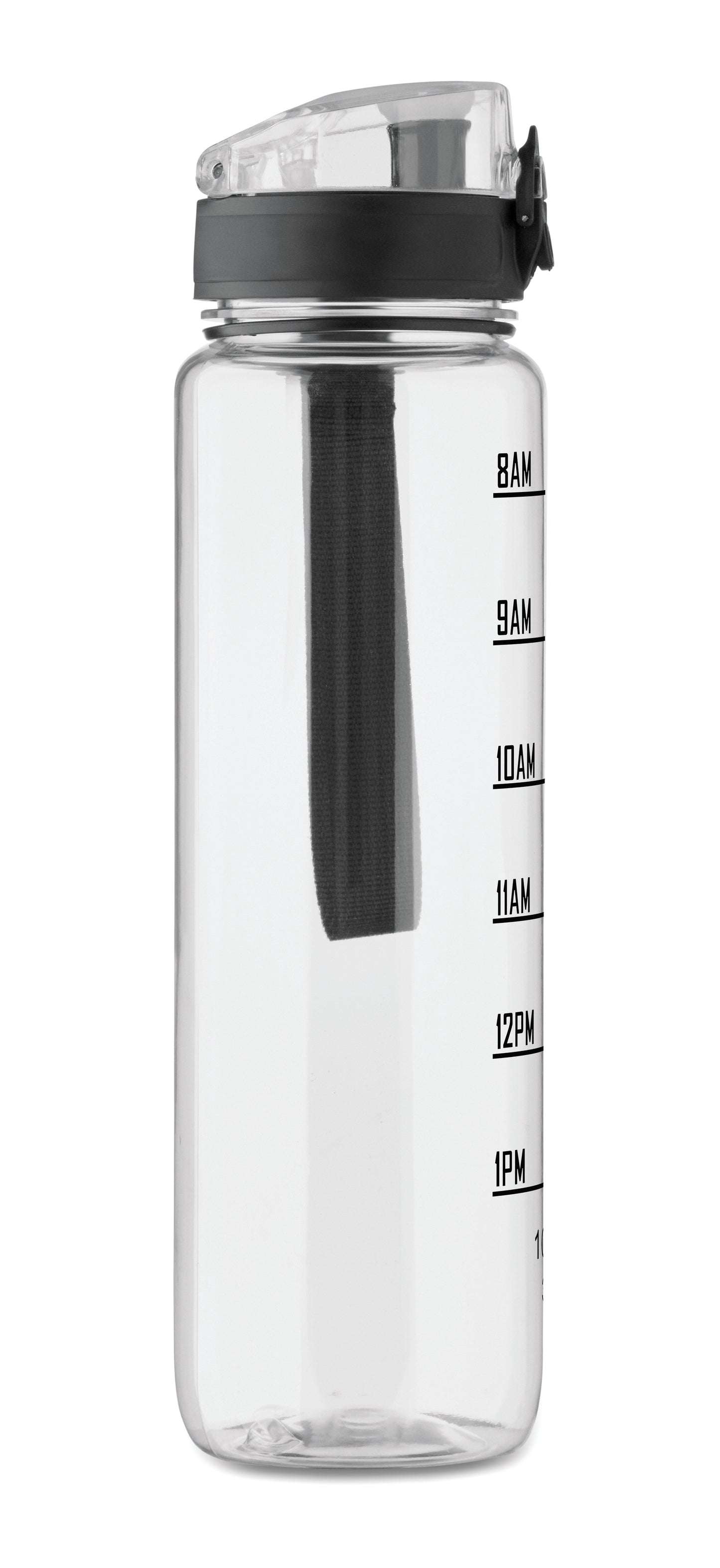 Sport-Trinkflasche aus RPET. Motivierende Zeitmarkierung einhändig zu öffnender Flip-Top-Deckel Sicherheitsverschluss und Trageriemen.