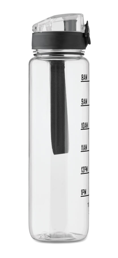 Sport-Trinkflasche aus RPET. Motivierende Zeitmarkierung einhändig zu öffnender Flip-Top-Deckel Sicherheitsverschluss und Trageriemen.