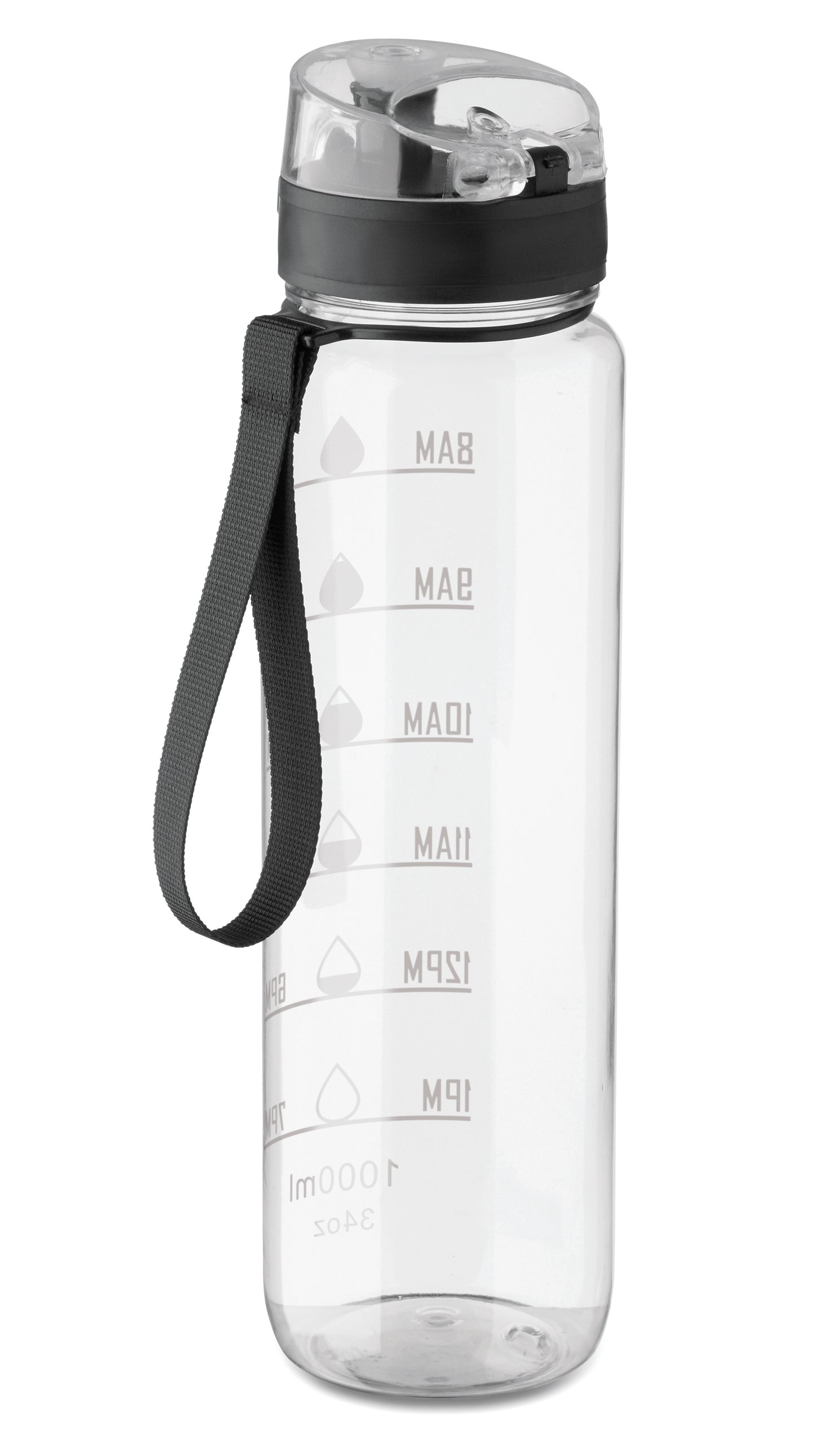 Sport-Trinkflasche aus RPET. Motivierende Zeitmarkierung einhändig zu öffnender Flip-Top-Deckel Sicherheitsverschluss und Trageriemen.