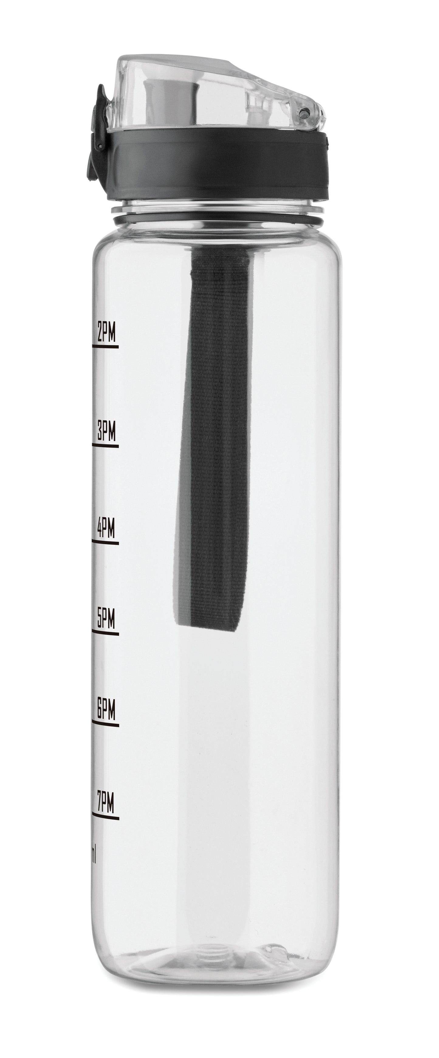 Sport-Trinkflasche aus RPET. Motivierende Zeitmarkierung einhändig zu öffnender Flip-Top-Deckel Sicherheitsverschluss und Trageriemen.