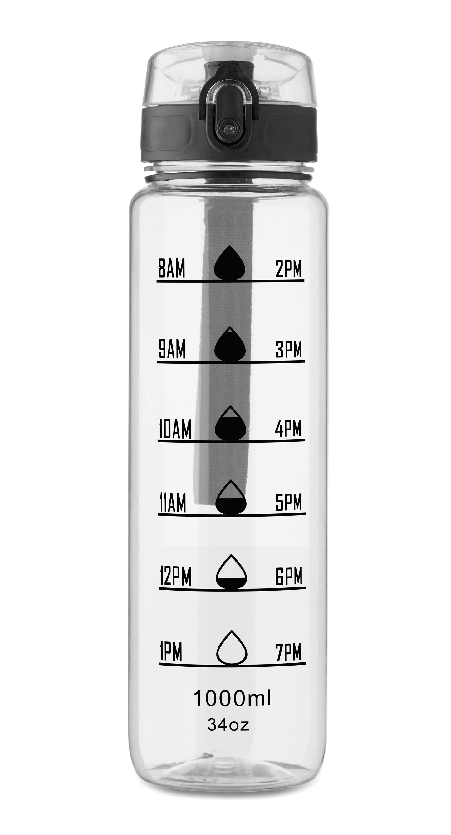 Sport-Trinkflasche aus RPET. Motivierende Zeitmarkierung einhändig zu öffnender Flip-Top-Deckel Sicherheitsverschluss und Trageriemen.