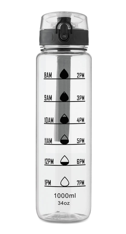 Sport-Trinkflasche aus RPET. Motivierende Zeitmarkierung einhändig zu öffnender Flip-Top-Deckel Sicherheitsverschluss und Trageriemen.