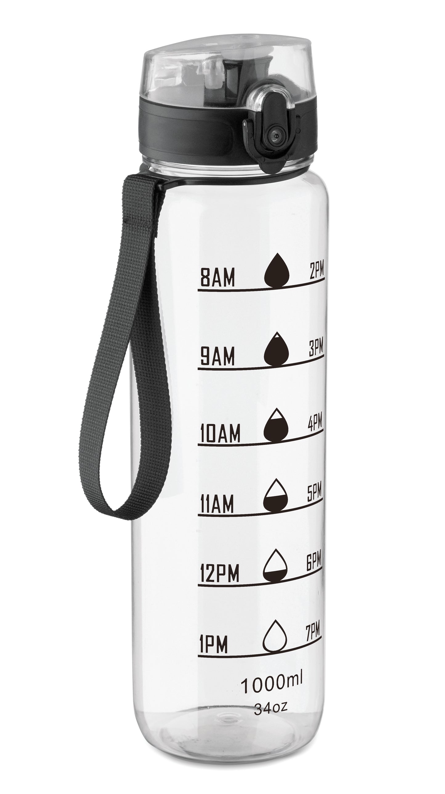 Sport-Trinkflasche aus RPET. Motivierende Zeitmarkierung einhändig zu öffnender Flip-Top-Deckel Sicherheitsverschluss und Trageriemen.