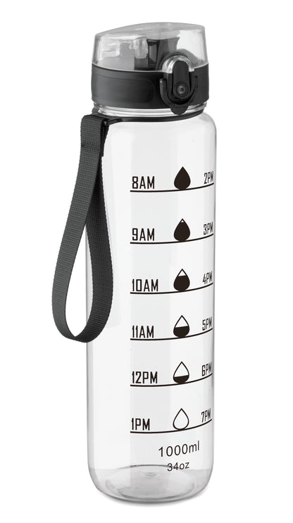 Sport-Trinkflasche aus RPET. Motivierende Zeitmarkierung einhändig zu öffnender Flip-Top-Deckel Sicherheitsverschluss und Trageriemen.