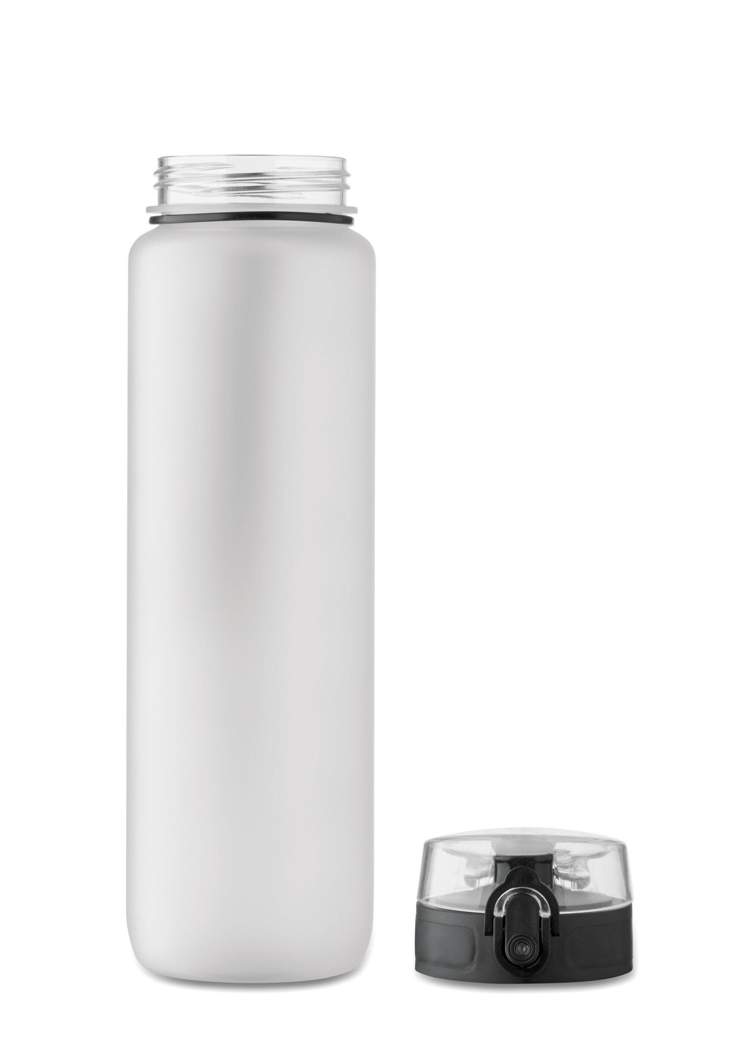 Sport-Trinkflasche aus RPET. Motivierende Zeitmarkierung einhändig zu öffnender Flip-Top-Deckel Sicherheitsverschluss und Trageriemen.