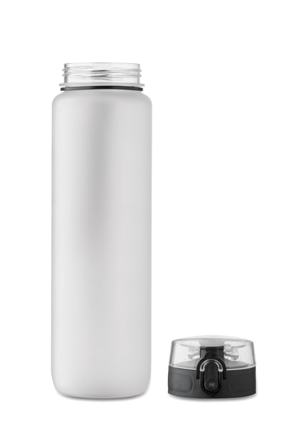 Sport-Trinkflasche aus RPET. Motivierende Zeitmarkierung einhändig zu öffnender Flip-Top-Deckel Sicherheitsverschluss und Trageriemen.