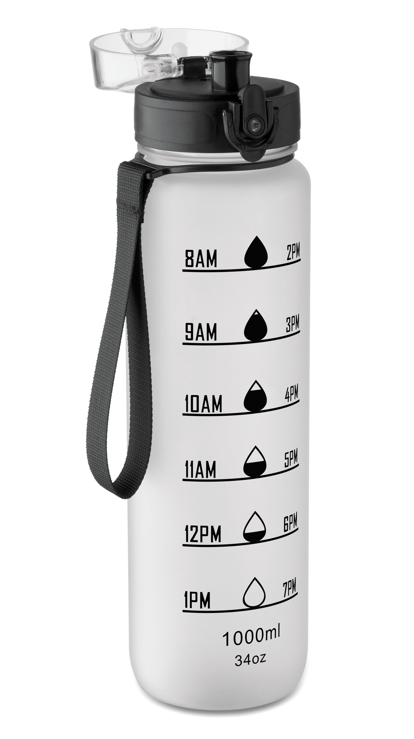 Sport-Trinkflasche aus RPET. Motivierende Zeitmarkierung einhändig zu öffnender Flip-Top-Deckel Sicherheitsverschluss und Trageriemen.