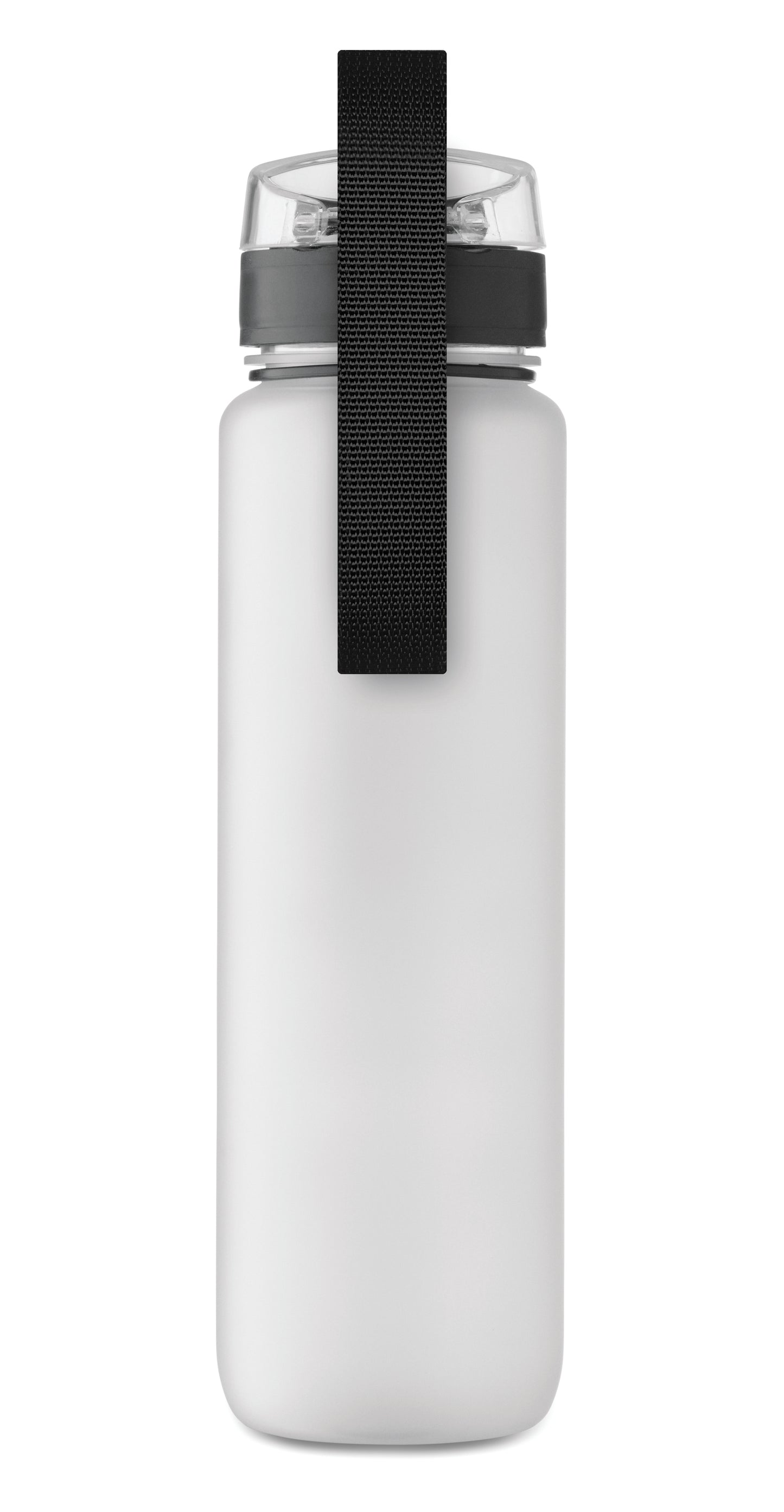 Sport-Trinkflasche aus RPET. Motivierende Zeitmarkierung einhändig zu öffnender Flip-Top-Deckel Sicherheitsverschluss und Trageriemen.