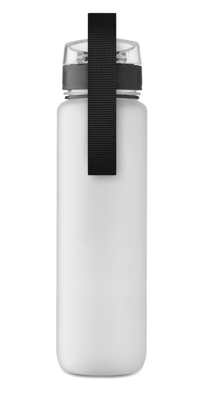 Sport-Trinkflasche aus RPET. Motivierende Zeitmarkierung einhändig zu öffnender Flip-Top-Deckel Sicherheitsverschluss und Trageriemen.
