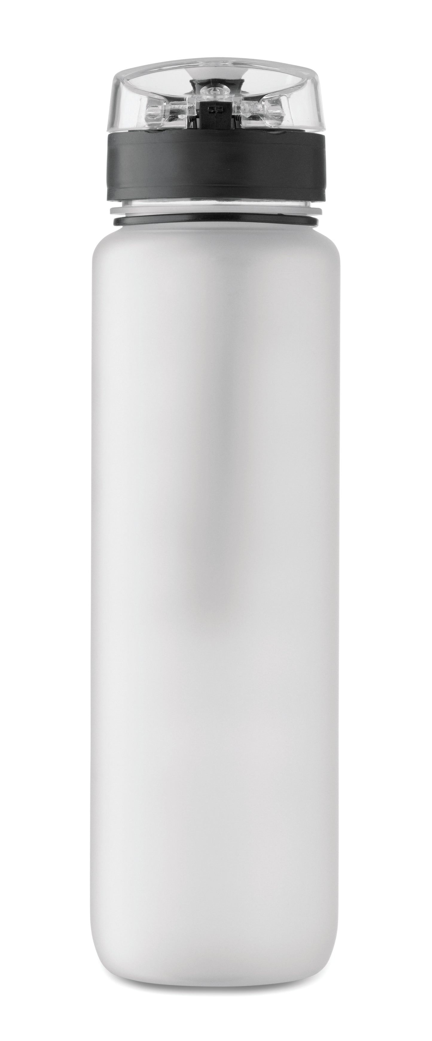 Sport-Trinkflasche aus RPET. Motivierende Zeitmarkierung einhändig zu öffnender Flip-Top-Deckel Sicherheitsverschluss und Trageriemen.