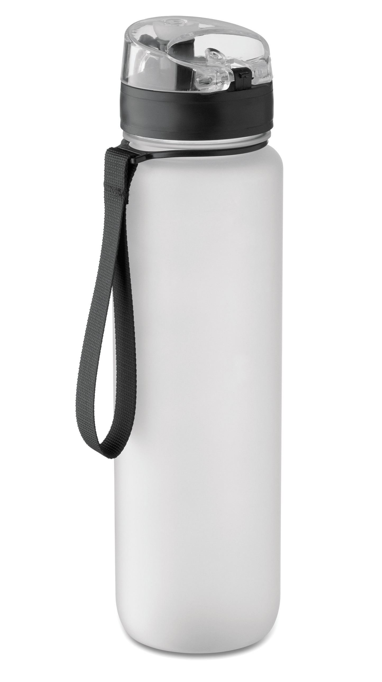 Sport-Trinkflasche aus RPET. Motivierende Zeitmarkierung einhändig zu öffnender Flip-Top-Deckel Sicherheitsverschluss und Trageriemen.