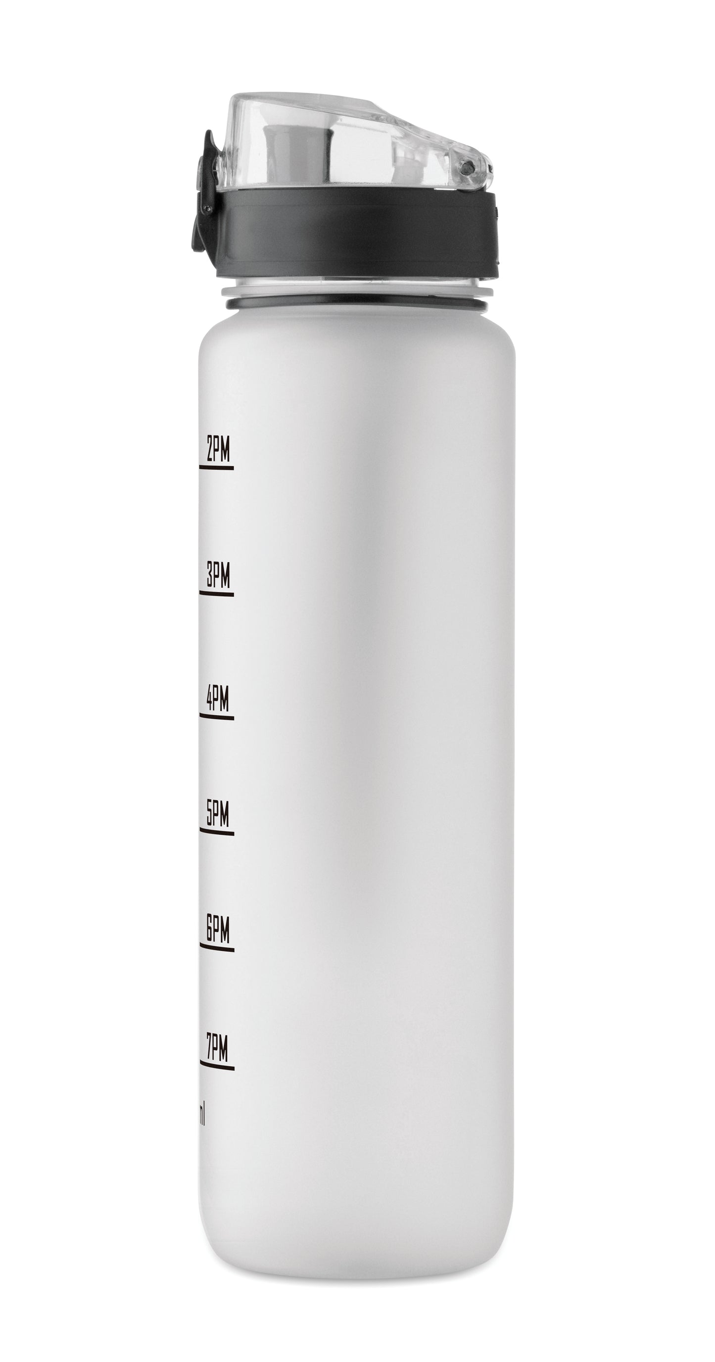 Sport-Trinkflasche aus RPET. Motivierende Zeitmarkierung einhändig zu öffnender Flip-Top-Deckel Sicherheitsverschluss und Trageriemen.