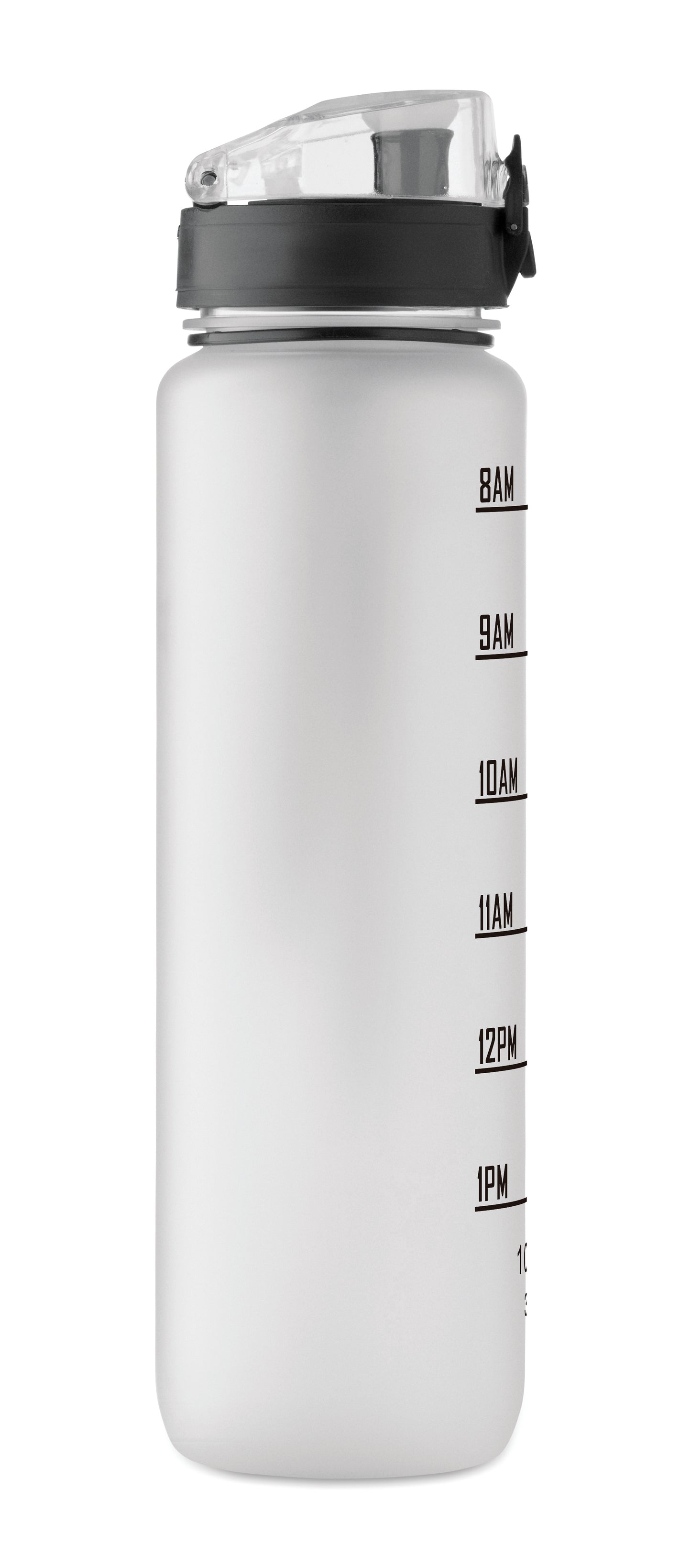 Sport-Trinkflasche aus RPET. Motivierende Zeitmarkierung einhändig zu öffnender Flip-Top-Deckel Sicherheitsverschluss und Trageriemen.