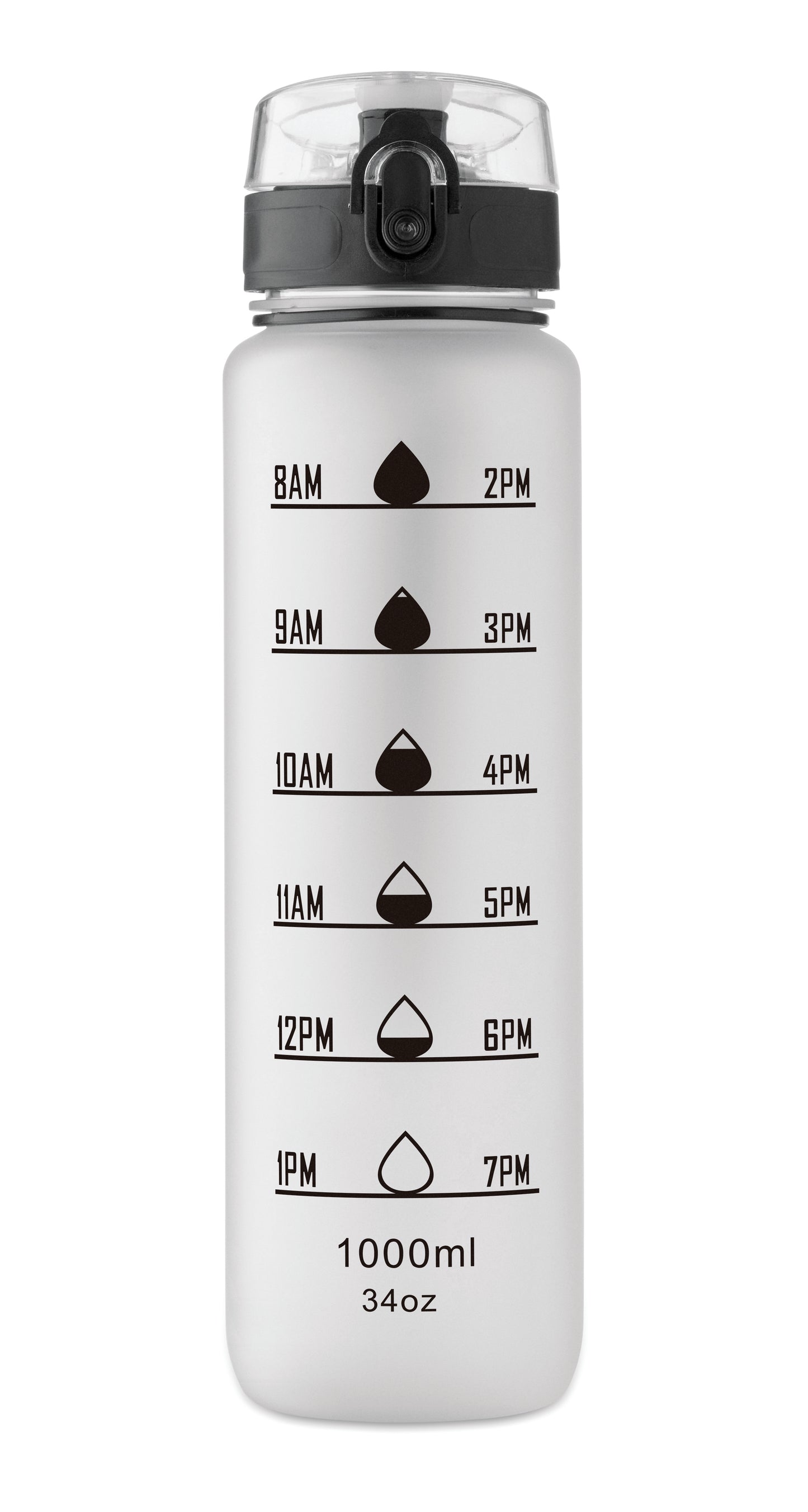 Sport-Trinkflasche aus RPET. Motivierende Zeitmarkierung einhändig zu öffnender Flip-Top-Deckel Sicherheitsverschluss und Trageriemen.
