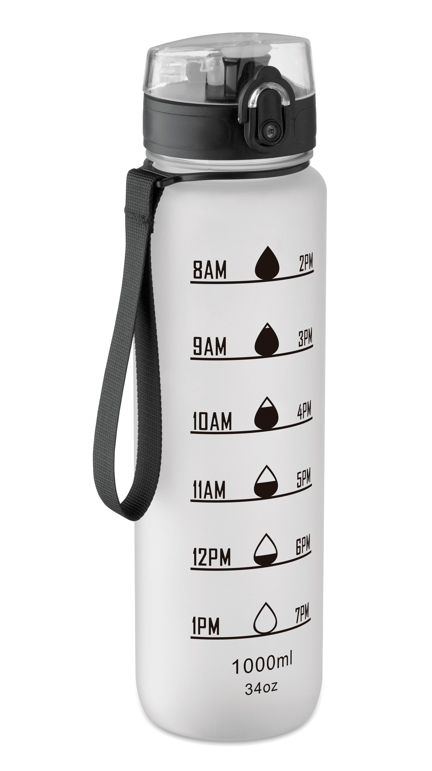 Sport-Trinkflasche aus RPET. Motivierende Zeitmarkierung einhändig zu öffnender Flip-Top-Deckel Sicherheitsverschluss und Trageriemen.