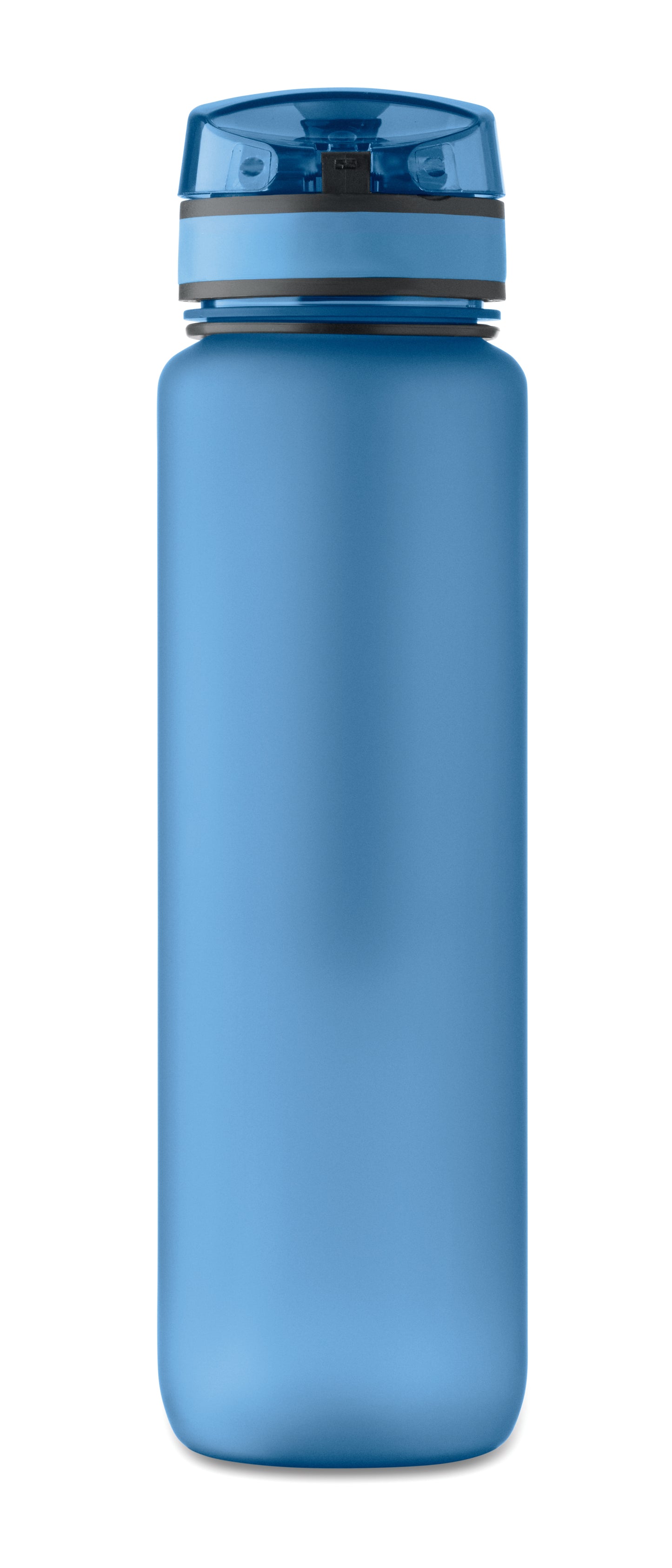 Sport-Trinkflasche aus RPET. Motivierende Zeitmarkierung einhändig zu öffnender Flip-Top-Deckel Sicherheitsverschluss und Trageriemen.