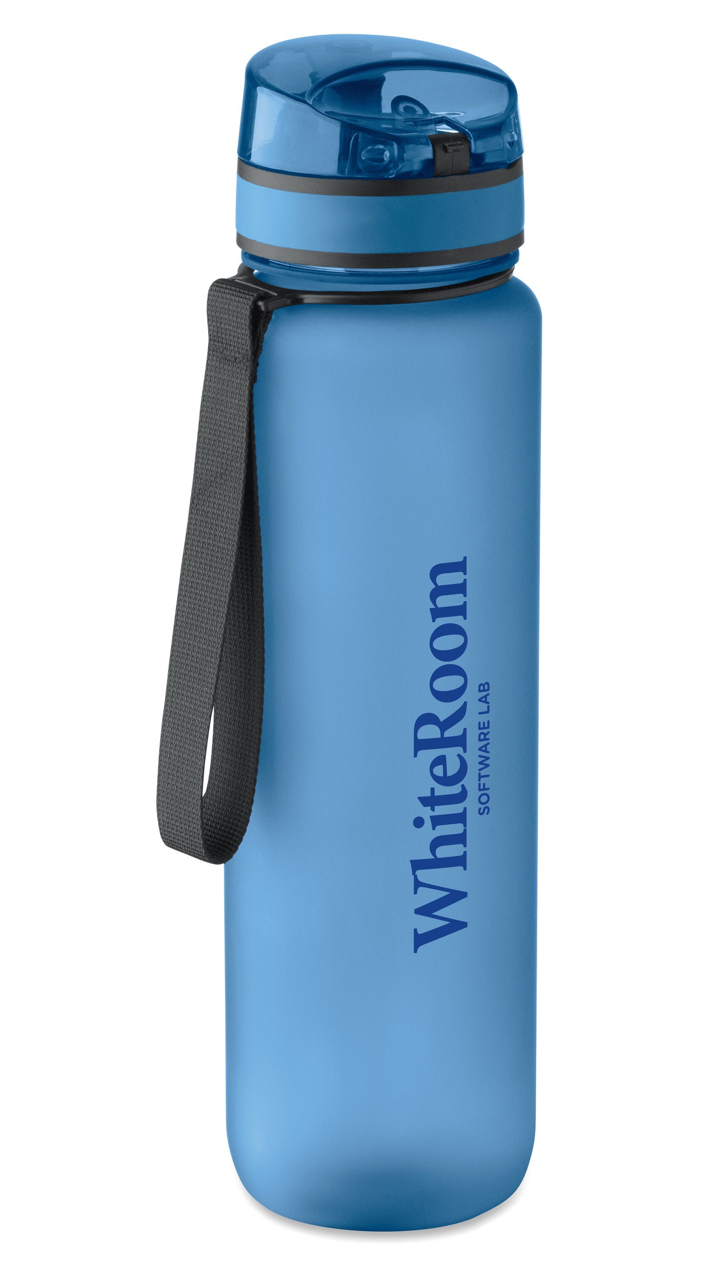 Sport-Trinkflasche aus RPET. Motivierende Zeitmarkierung einhändig zu öffnender Flip-Top-Deckel Sicherheitsverschluss und Trageriemen.