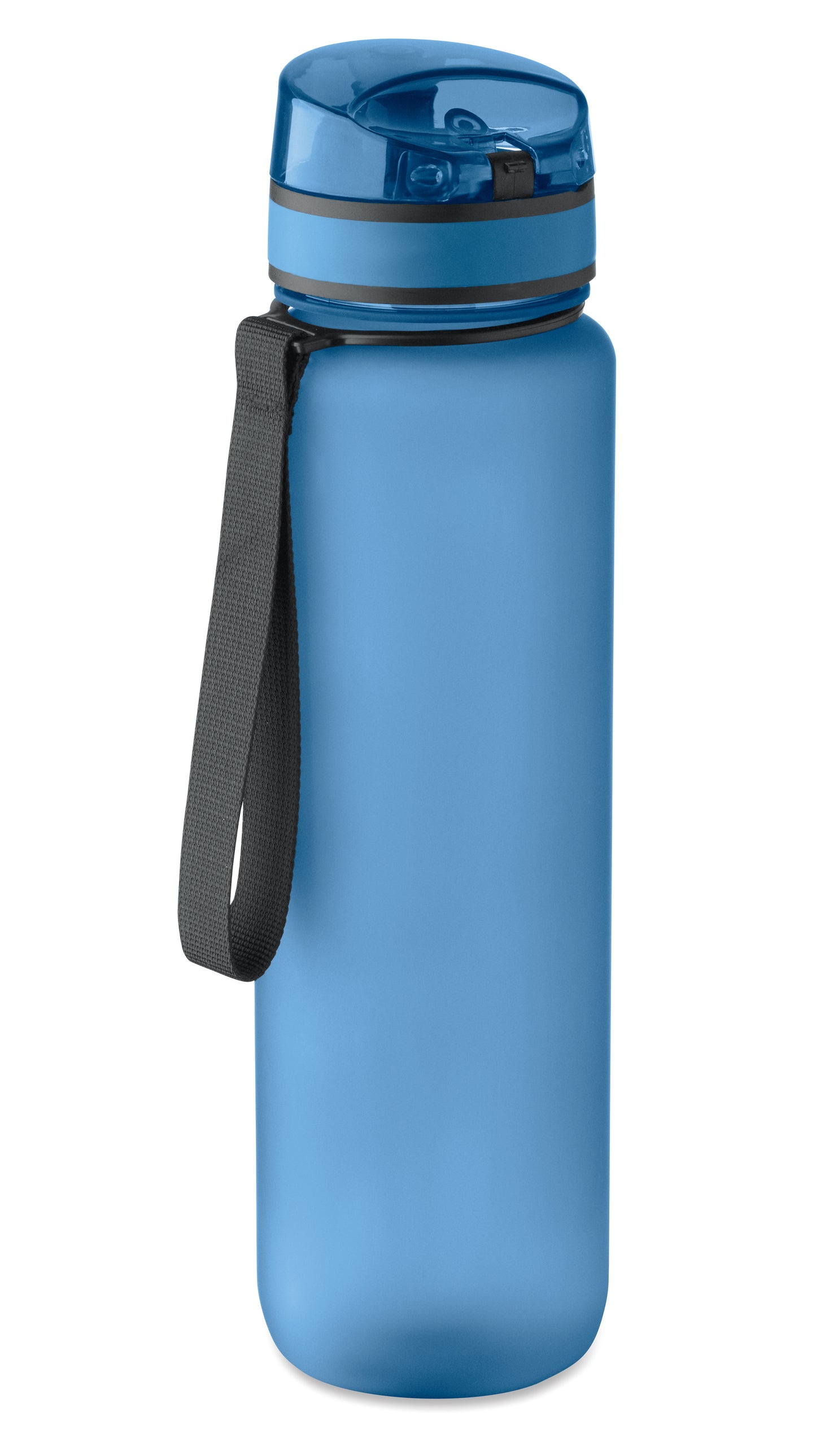 Sport-Trinkflasche aus RPET. Motivierende Zeitmarkierung einhändig zu öffnender Flip-Top-Deckel Sicherheitsverschluss und Trageriemen.