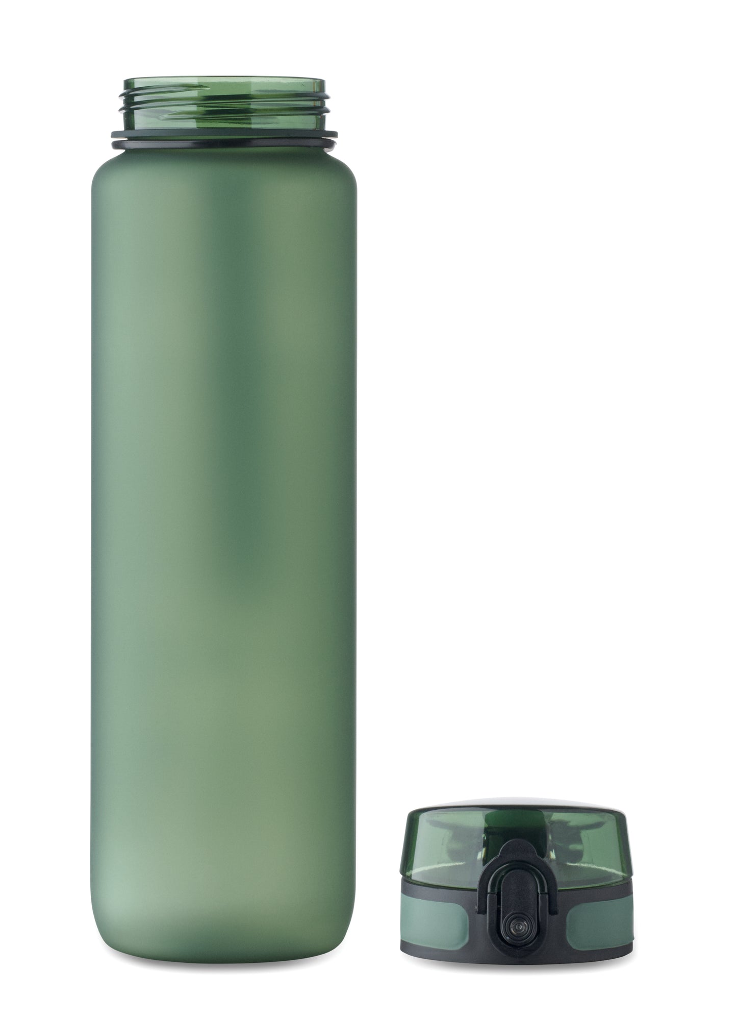 Sport-Trinkflasche aus RPET. Motivierende Zeitmarkierung einhändig zu öffnender Flip-Top-Deckel Sicherheitsverschluss und Trageriemen.