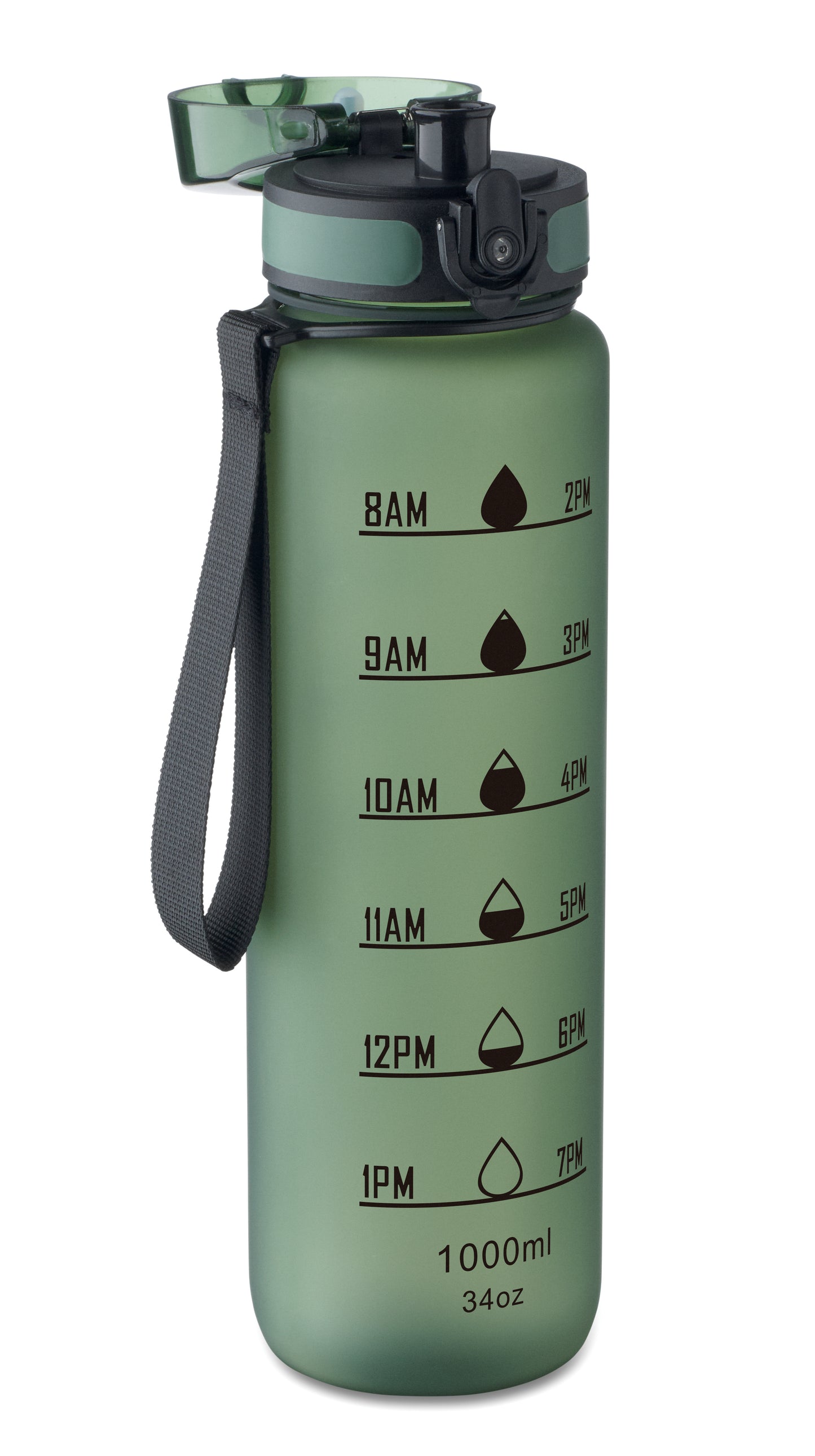 Sport-Trinkflasche aus RPET. Motivierende Zeitmarkierung einhändig zu öffnender Flip-Top-Deckel Sicherheitsverschluss und Trageriemen.