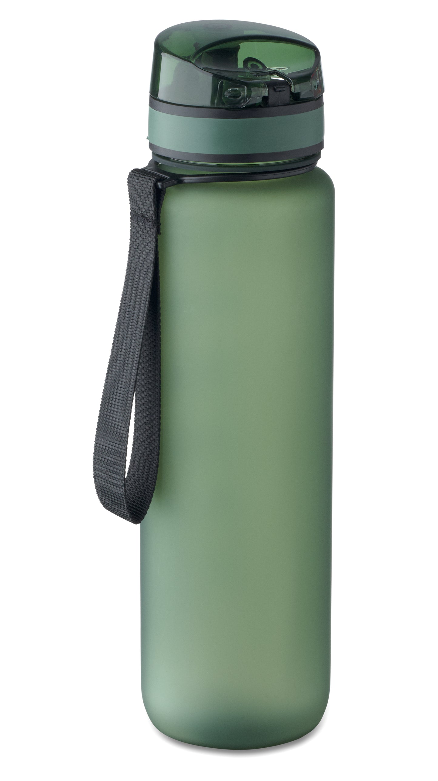 Sport-Trinkflasche aus RPET. Motivierende Zeitmarkierung einhändig zu öffnender Flip-Top-Deckel Sicherheitsverschluss und Trageriemen.