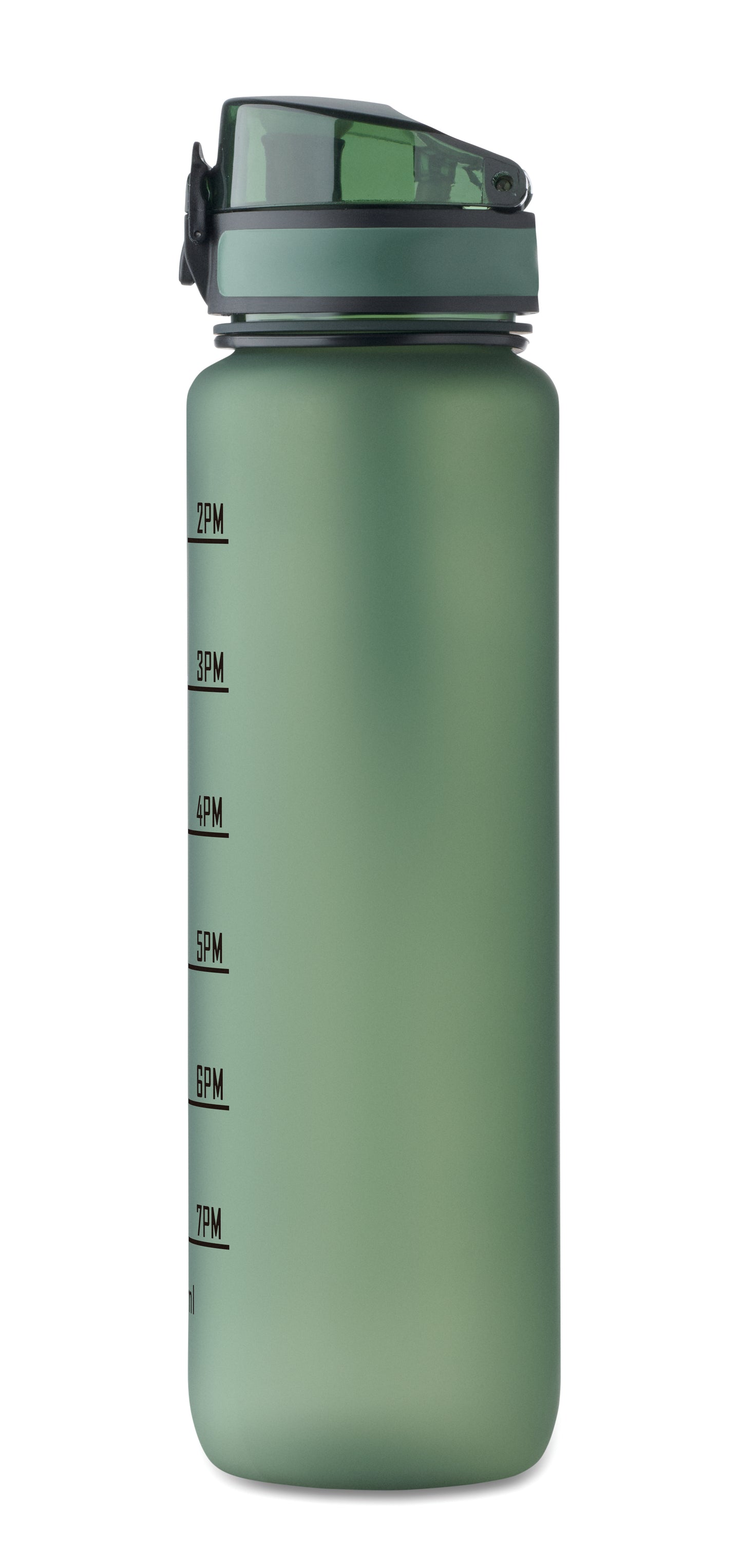 Sport-Trinkflasche aus RPET. Motivierende Zeitmarkierung einhändig zu öffnender Flip-Top-Deckel Sicherheitsverschluss und Trageriemen.