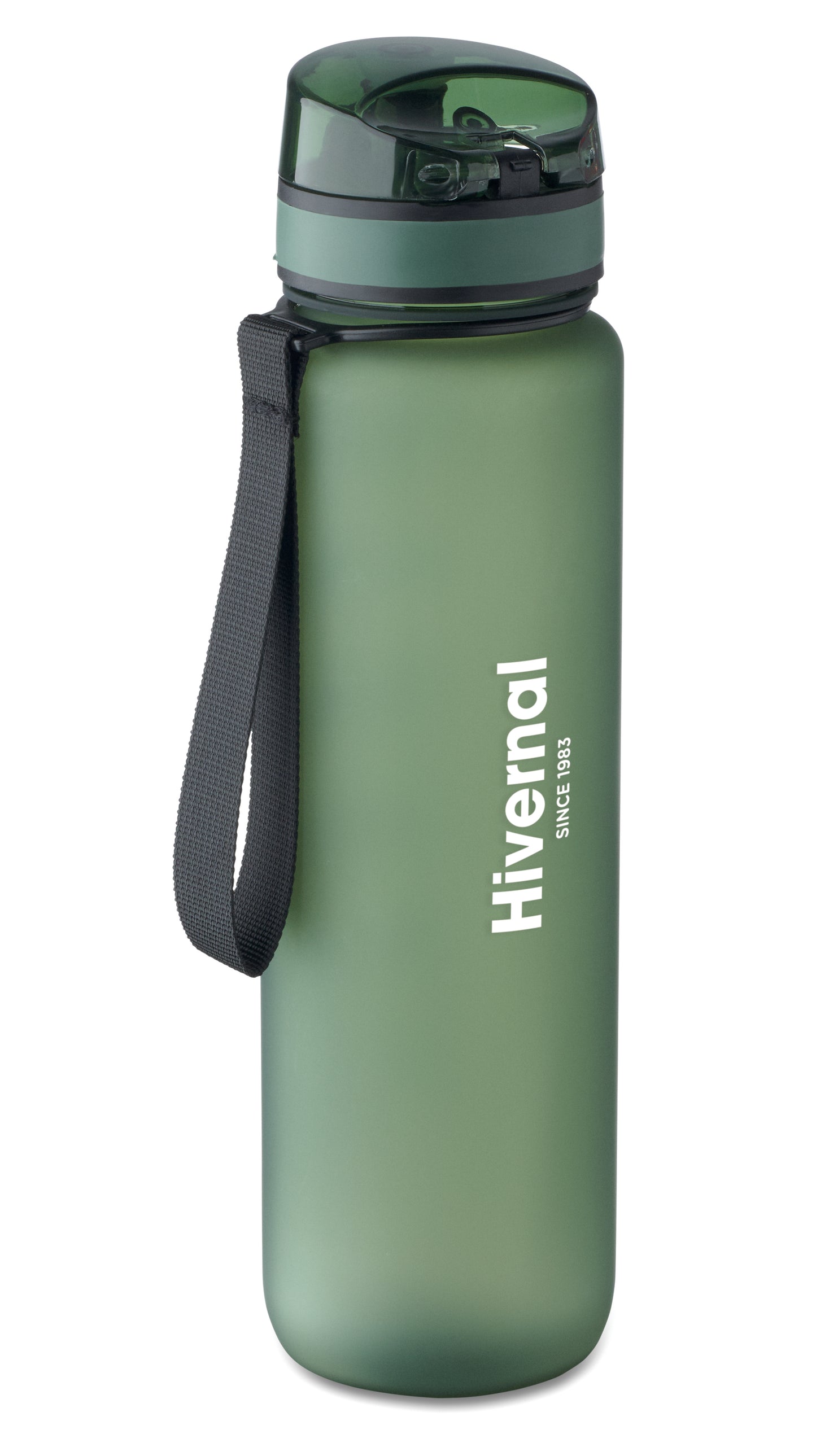 Sport-Trinkflasche aus RPET. Motivierende Zeitmarkierung einhändig zu öffnender Flip-Top-Deckel Sicherheitsverschluss und Trageriemen.
