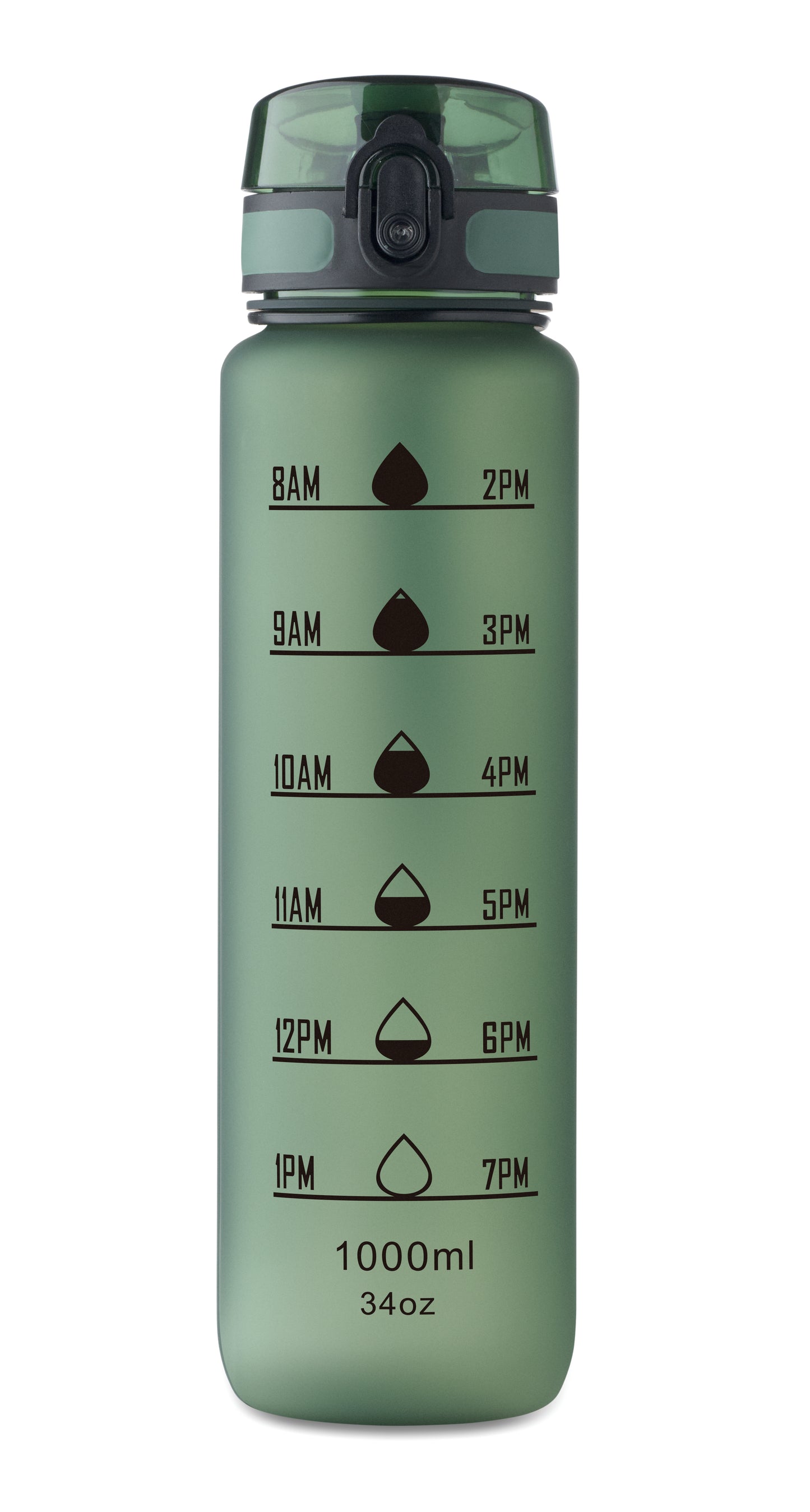 Sport-Trinkflasche aus RPET. Motivierende Zeitmarkierung einhändig zu öffnender Flip-Top-Deckel Sicherheitsverschluss und Trageriemen.