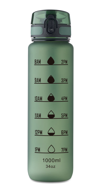 Sport-Trinkflasche aus RPET. Motivierende Zeitmarkierung einhändig zu öffnender Flip-Top-Deckel Sicherheitsverschluss und Trageriemen.