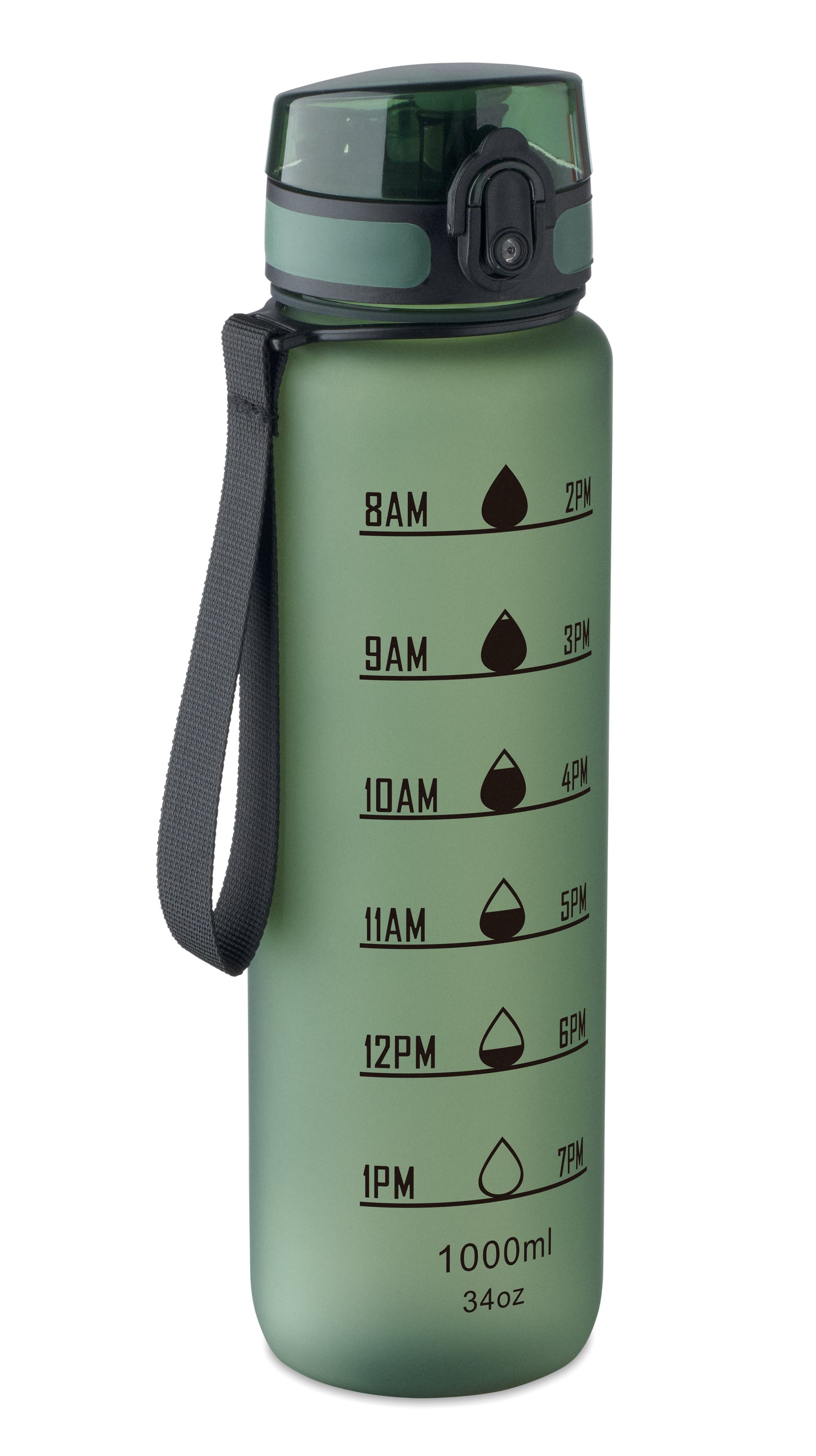 Sport-Trinkflasche aus RPET. Motivierende Zeitmarkierung einhändig zu öffnender Flip-Top-Deckel Sicherheitsverschluss und Trageriemen.