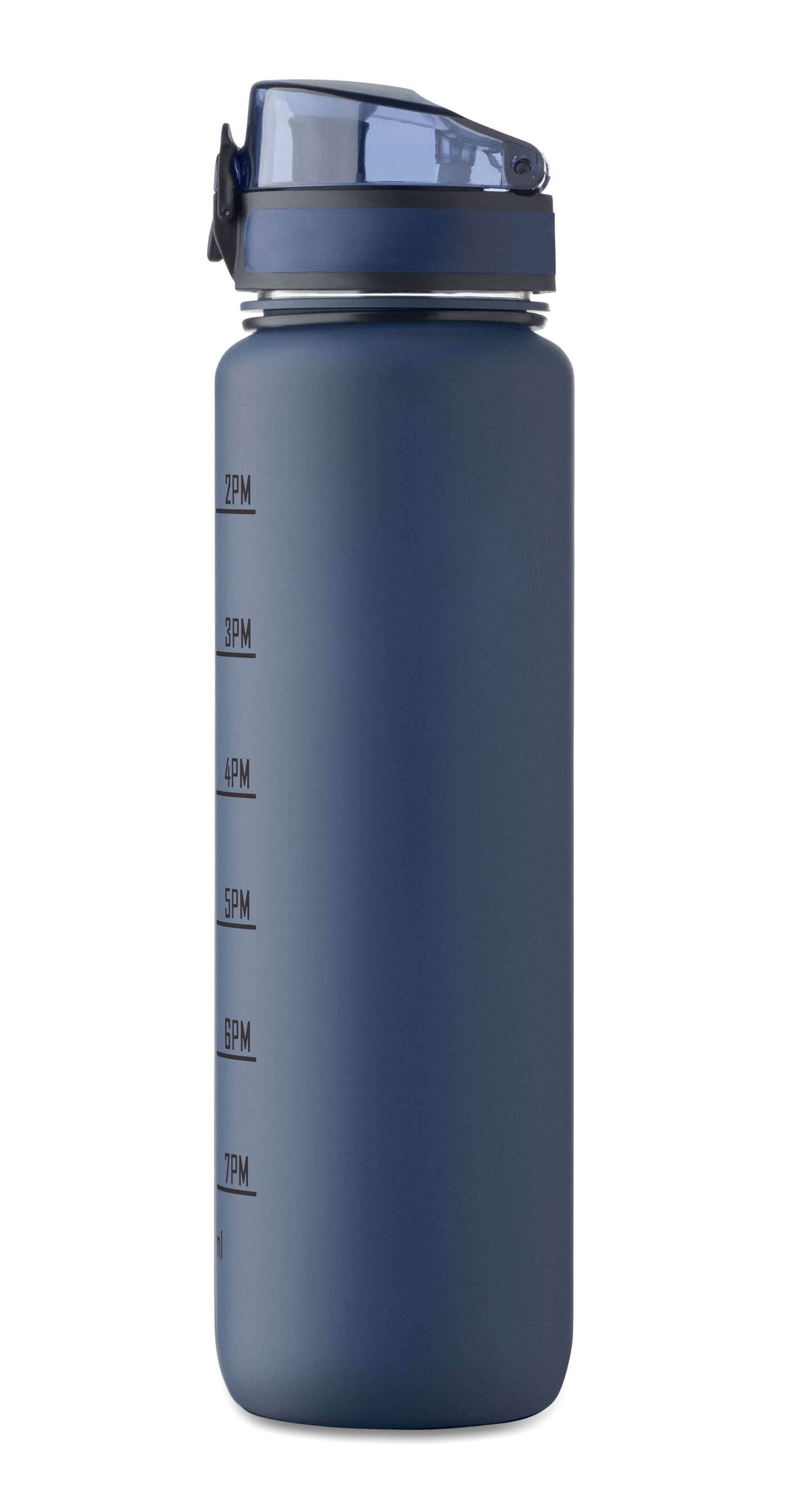 Sport-Trinkflasche aus RPET. Motivierende Zeitmarkierung einhändig zu öffnender Flip-Top-Deckel Sicherheitsverschluss und Trageriemen.